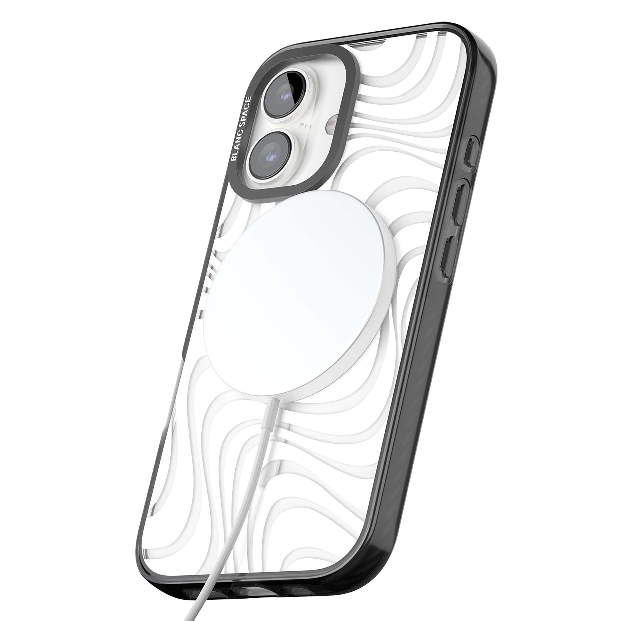 White Abstract Waves abstract iPhone case featuring flowing grey wave pattern on clear background | Black Impact Magsafe case for iPhone 16, iPhone 16 Plus