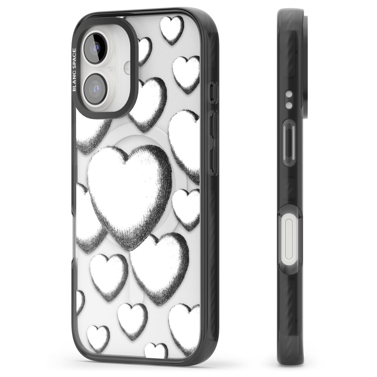 Hand-Drawn Hearts Black Impact Magsafe Phone Case for iPhone 16, iPhone 16 Plus