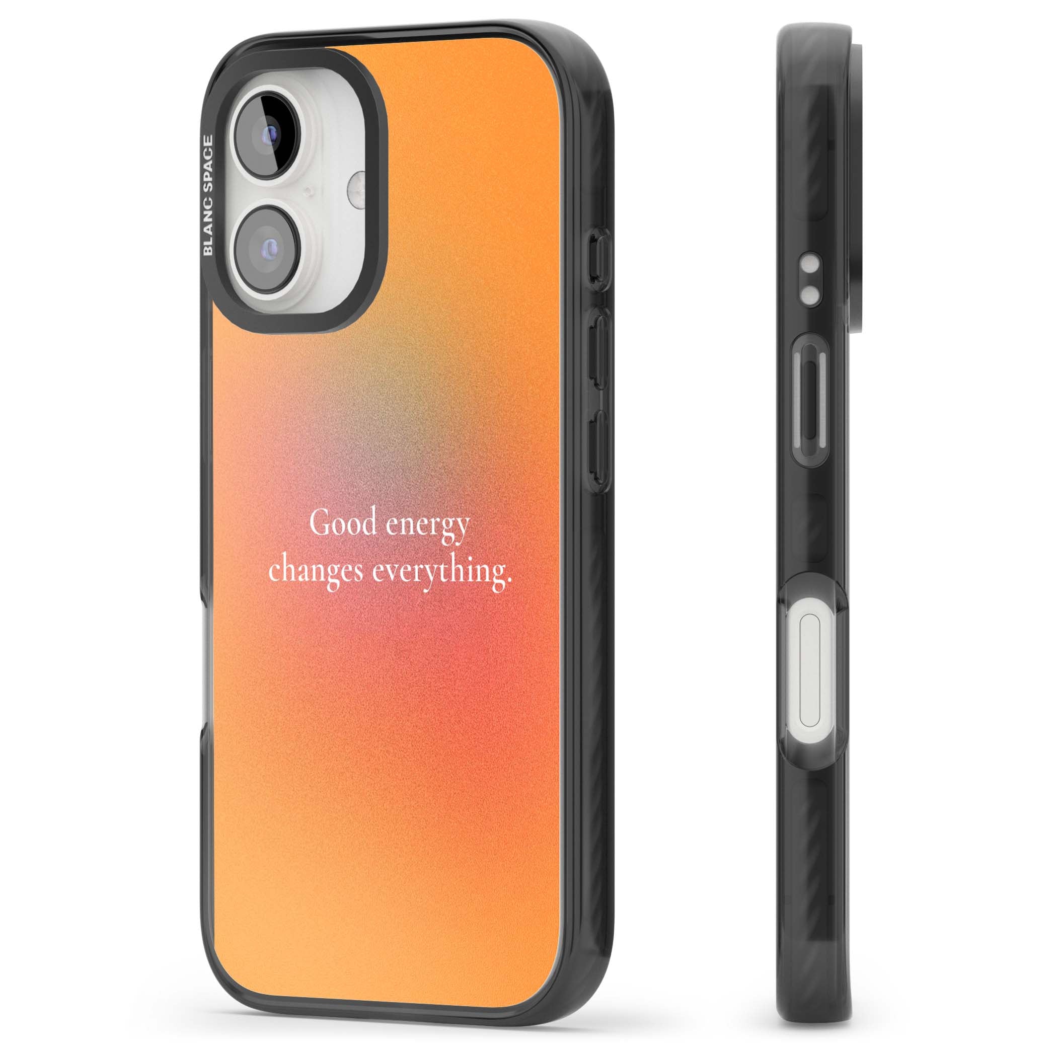 Good Energy quote iPhone case featuring an orange and pink aura gradient with white serif affirmation text | Black Impact Magsafe case for iPhone 16, iPhone 16 Plus