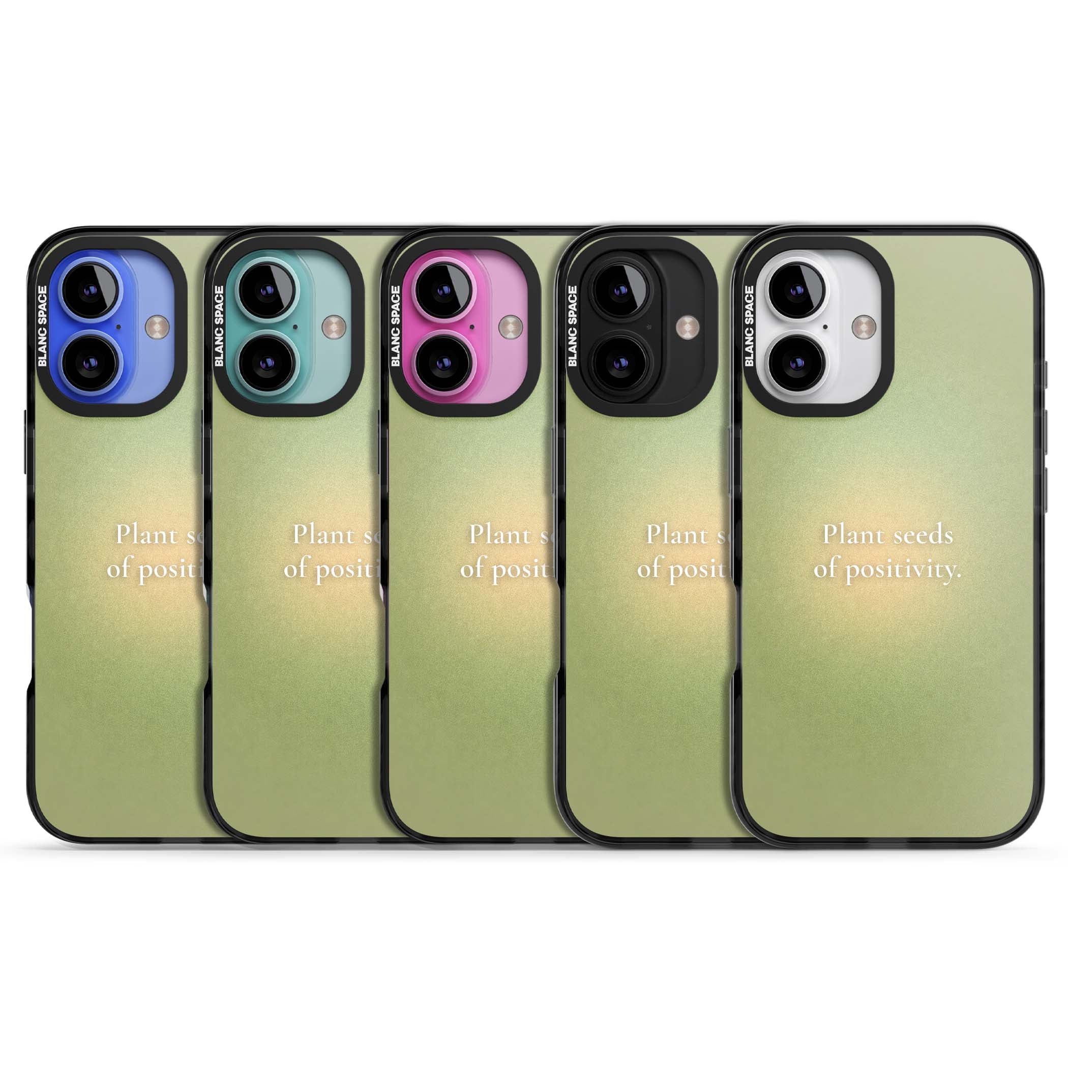 Seeds of Positivity quote iPhone case featuring a sage green aura gradient and golden glow affirmation | Black Impact Magsafe case for iPhone 16, iPhone 16 Plus