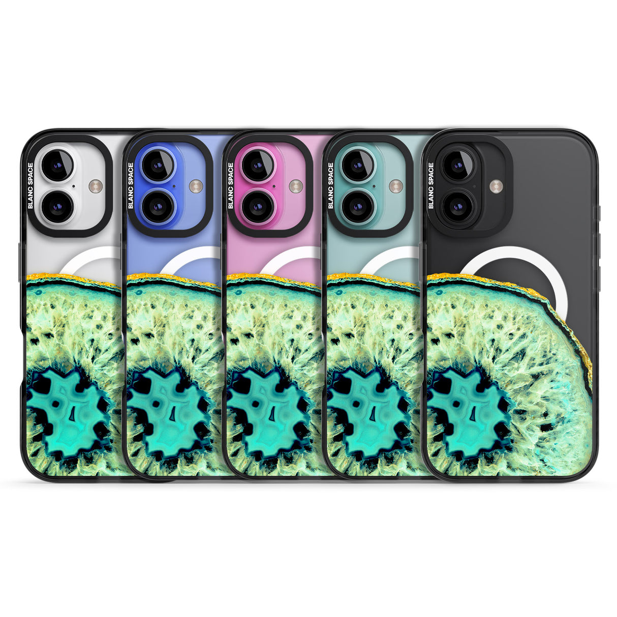 iPhone 16 Pro Max Turquoise & Green Gemstone Crystal Clear Design Black Impact Phone Case