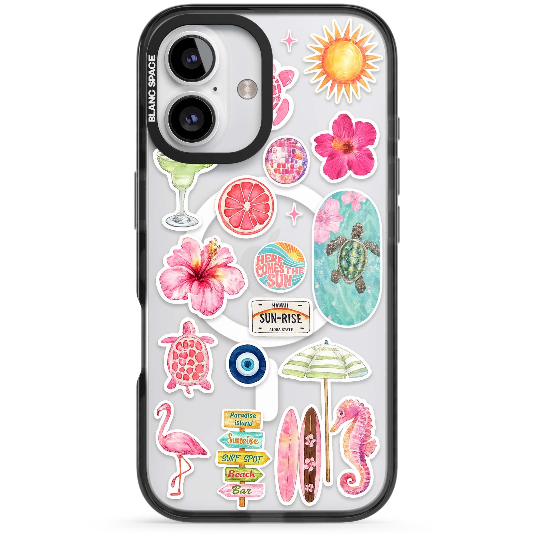Aloha Sticker Mix tropical summer iPhone case featuring pink hibiscus, sea turtles, flamingo and beach umbrella stickers | Black Impact Magsafe case for iPhone 16, iPhone 16 Plus
