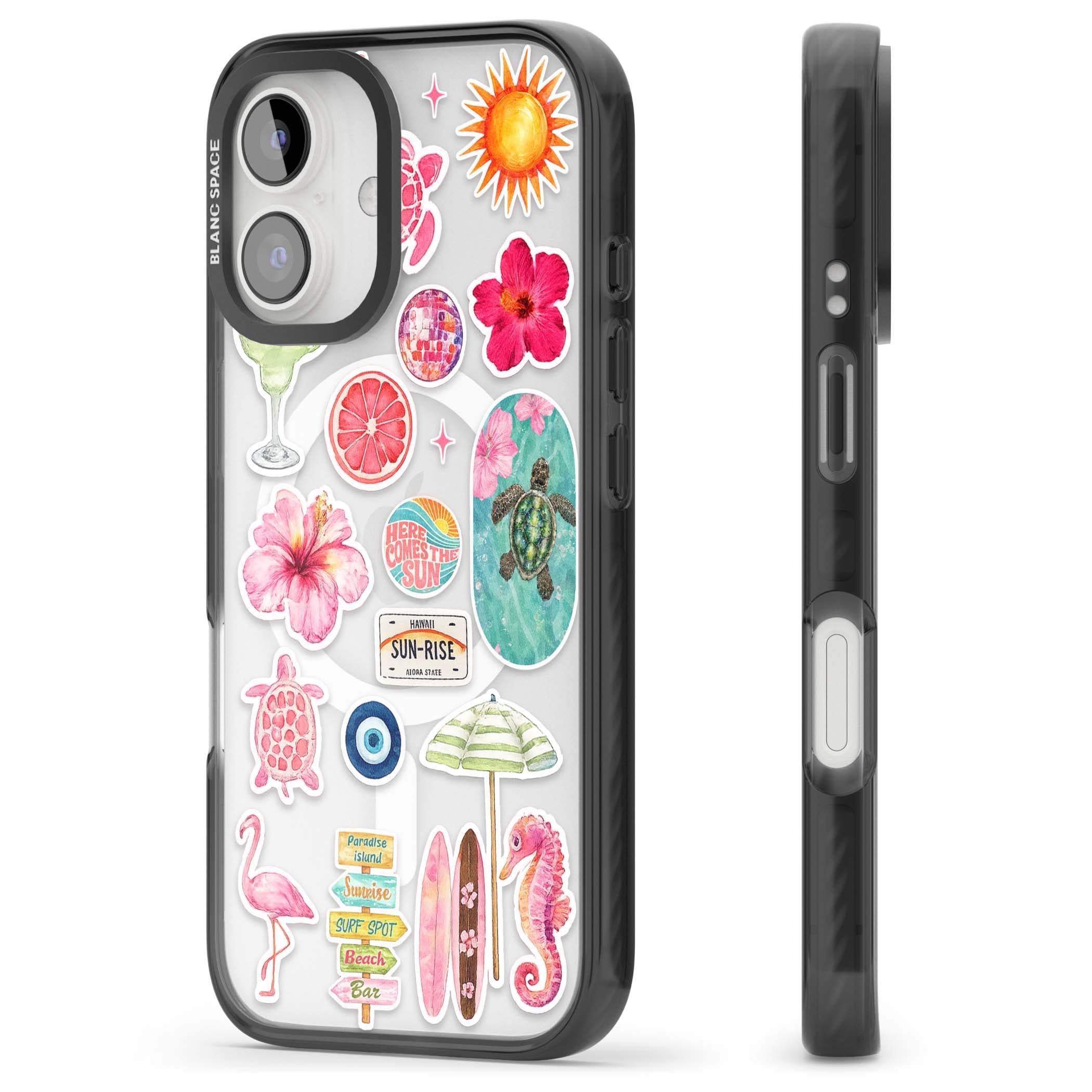 Aloha Sticker Mix tropical summer iPhone case featuring pink hibiscus, sea turtles, flamingo and beach umbrella stickers | Black Impact Magsafe case for iPhone 16, iPhone 16 Plus