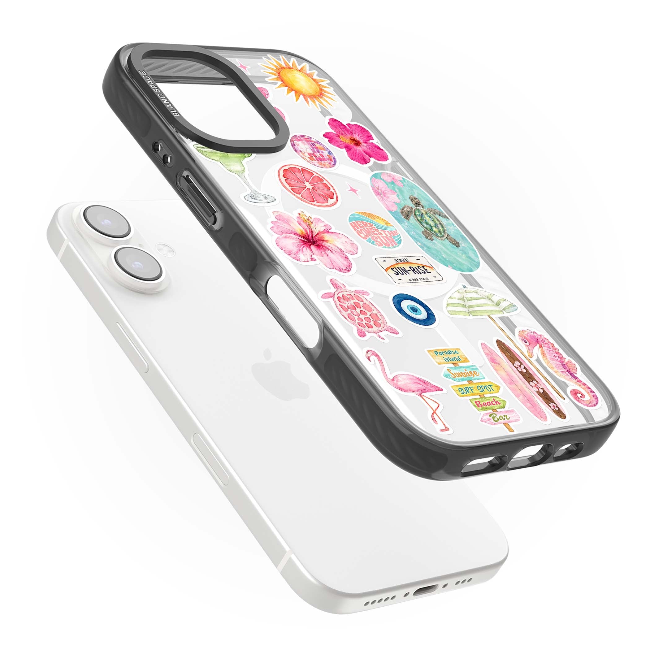 Aloha Sticker Mix tropical summer iPhone case featuring pink hibiscus, sea turtles, flamingo and beach umbrella stickers | Black Impact Magsafe case for iPhone 16, iPhone 16 Plus