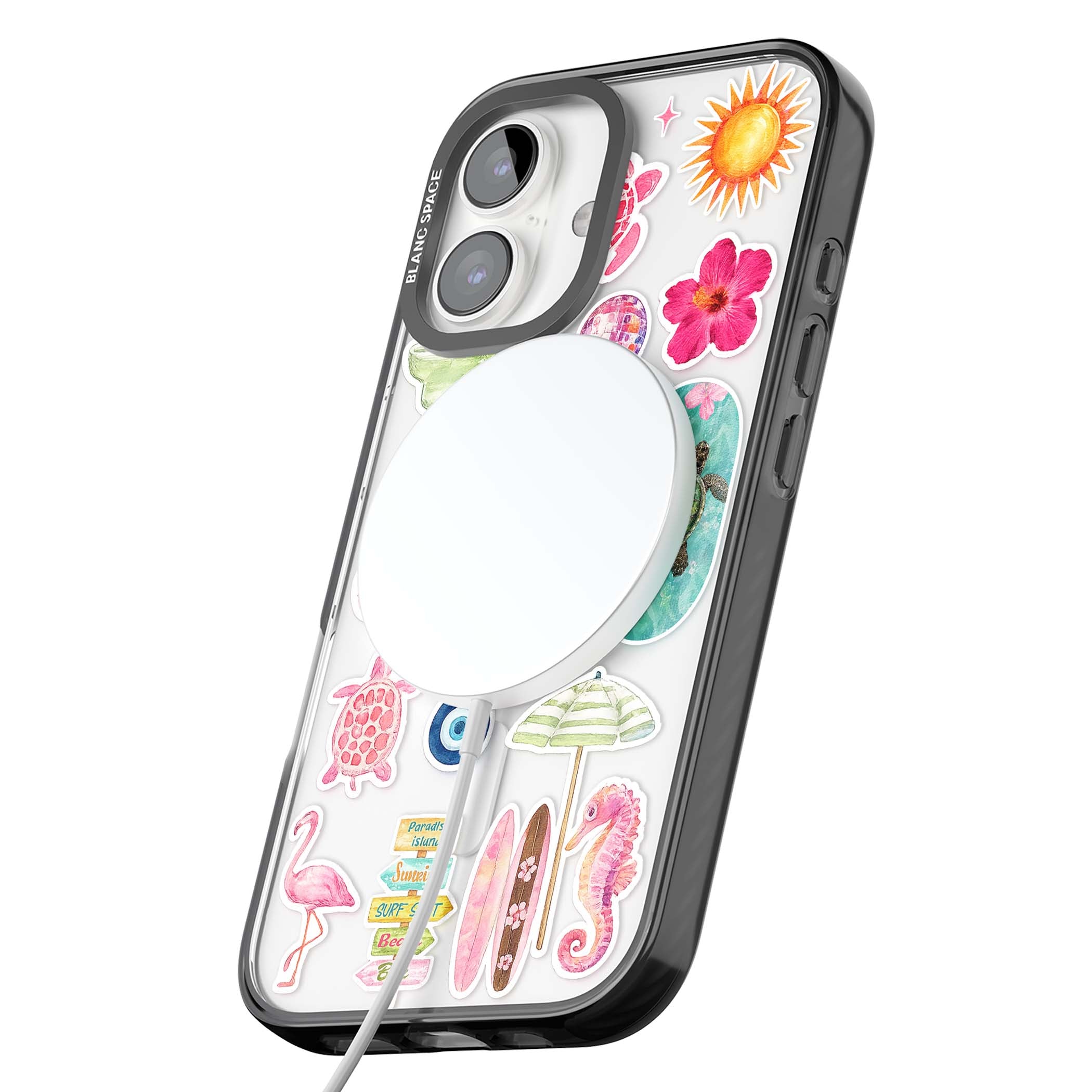 Aloha Sticker Mix tropical summer iPhone case featuring pink hibiscus, sea turtles, flamingo and beach umbrella stickers | Black Impact Magsafe case for iPhone 16, iPhone 16 Plus