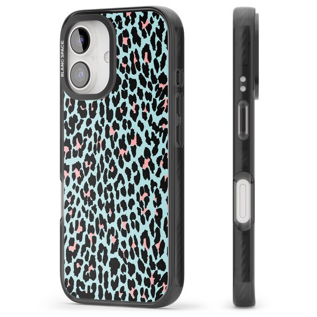 iPhone 16 Pro Max Light Pink on Blue Leopard Print Pattern Black Impact Phone Case