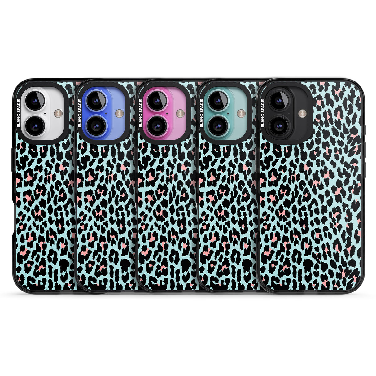 iPhone 16 Pro Max Light Pink on Blue Leopard Print Pattern Black Impact Phone Case