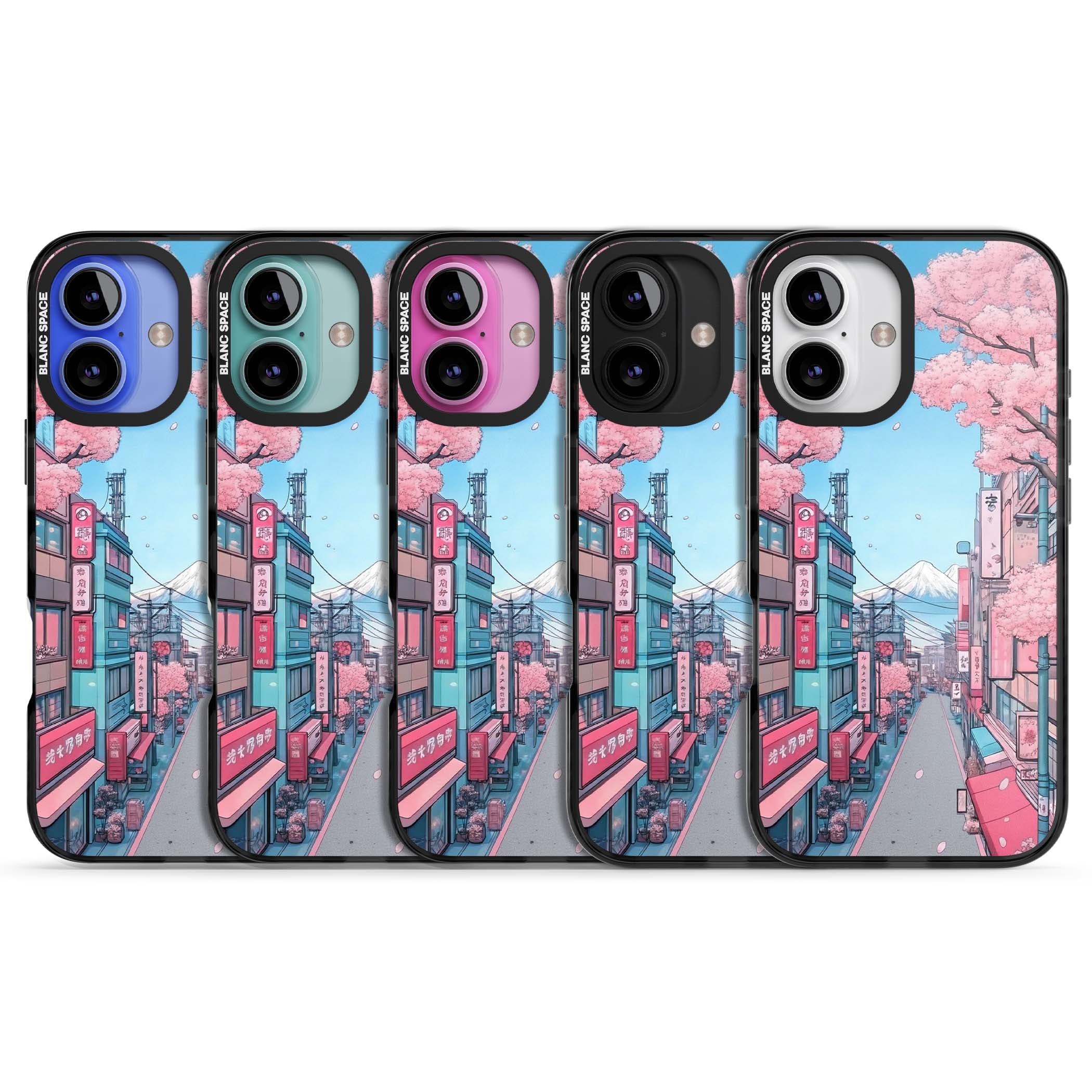 Sakura Lane anime iPhone case featuring Tokyo street scene with cherry blossoms and Mount Fuji | Black Impact Magsafe case for iPhone 16, iPhone 16 Plus