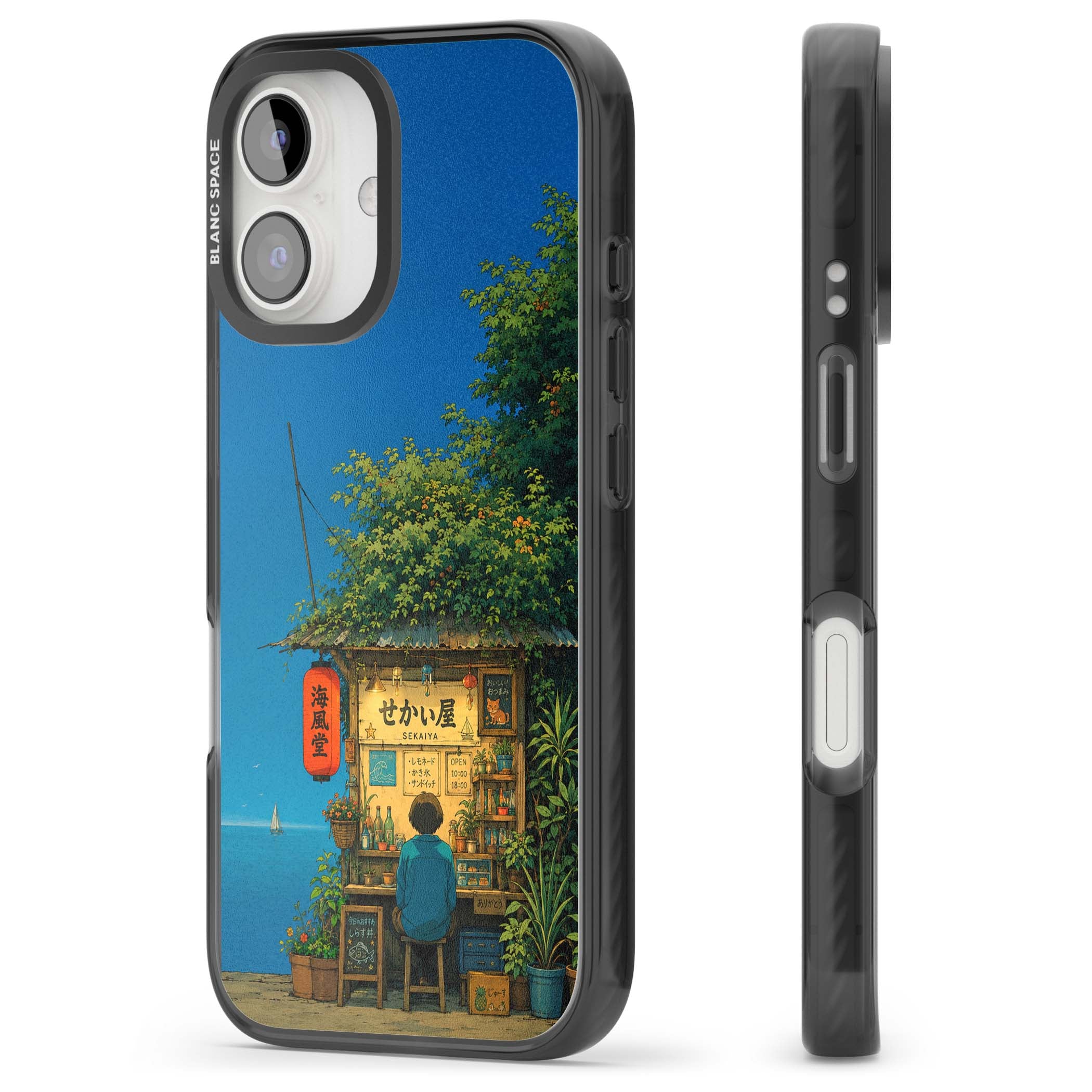 The Shirahama Kiosk anime iPhone case featuring a Japanese seaside shop, red paper lantern and ocean view | Black Impact Magsafe case for iPhone 16, iPhone 16 Plus
