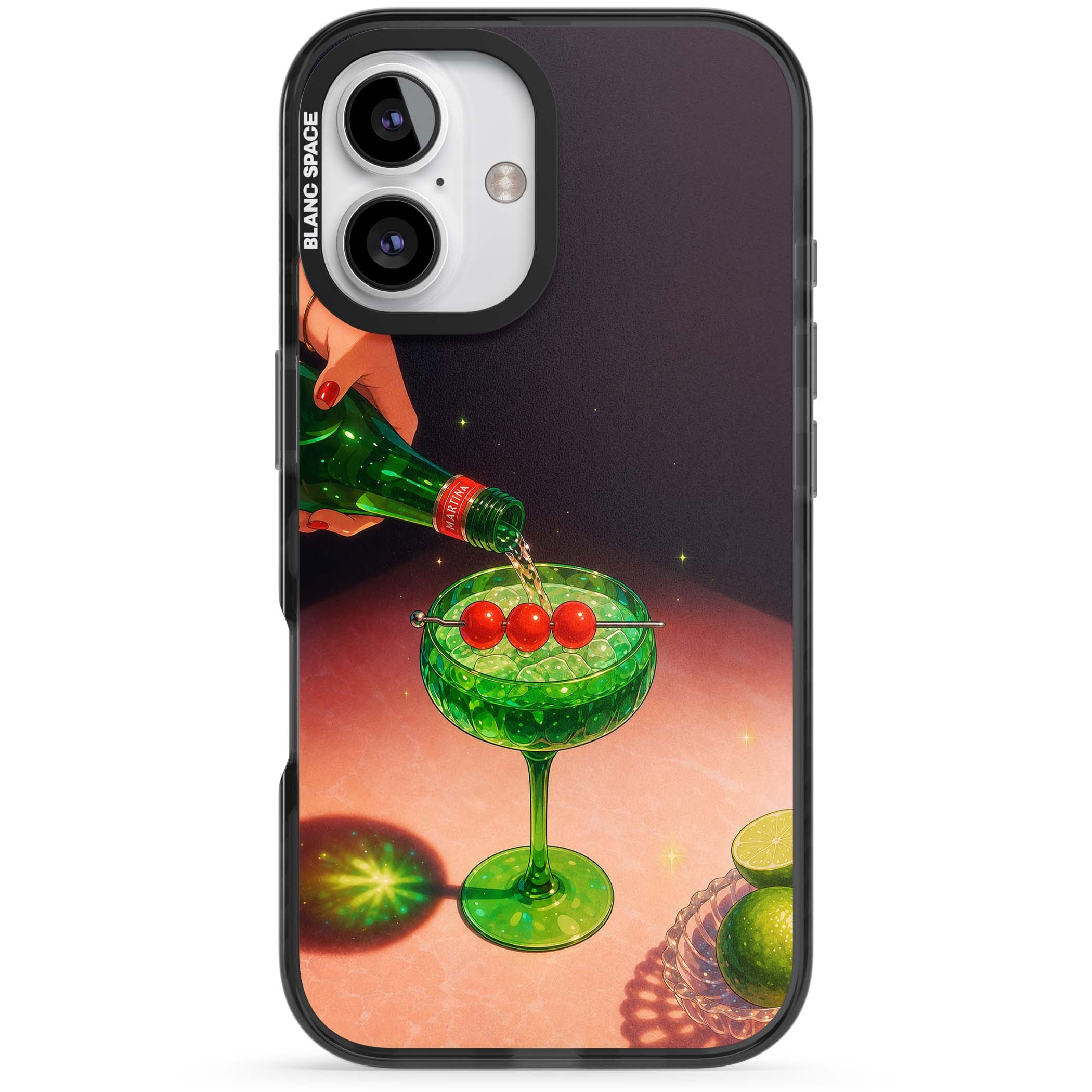 Absinthe Hour cocktail iPhone case featuring a green coupe glass, cherry garnish and vintage bottle pour illustration | Black Impact Magsafe case for iPhone 16, iPhone 16 Plus