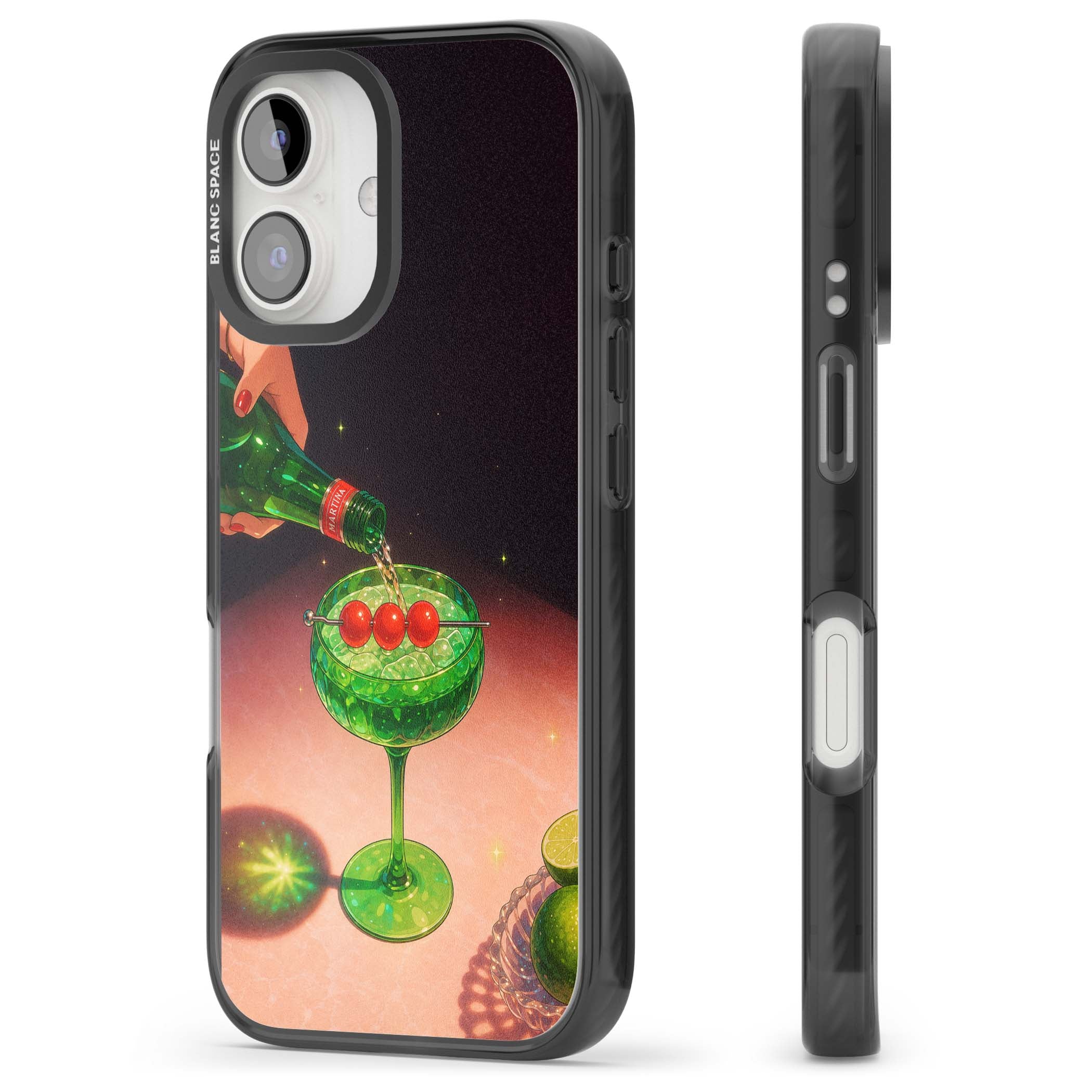 Absinthe Hour cocktail iPhone case featuring a green coupe glass, cherry garnish and vintage bottle pour illustration | Black Impact Magsafe case for iPhone 16, iPhone 16 Plus