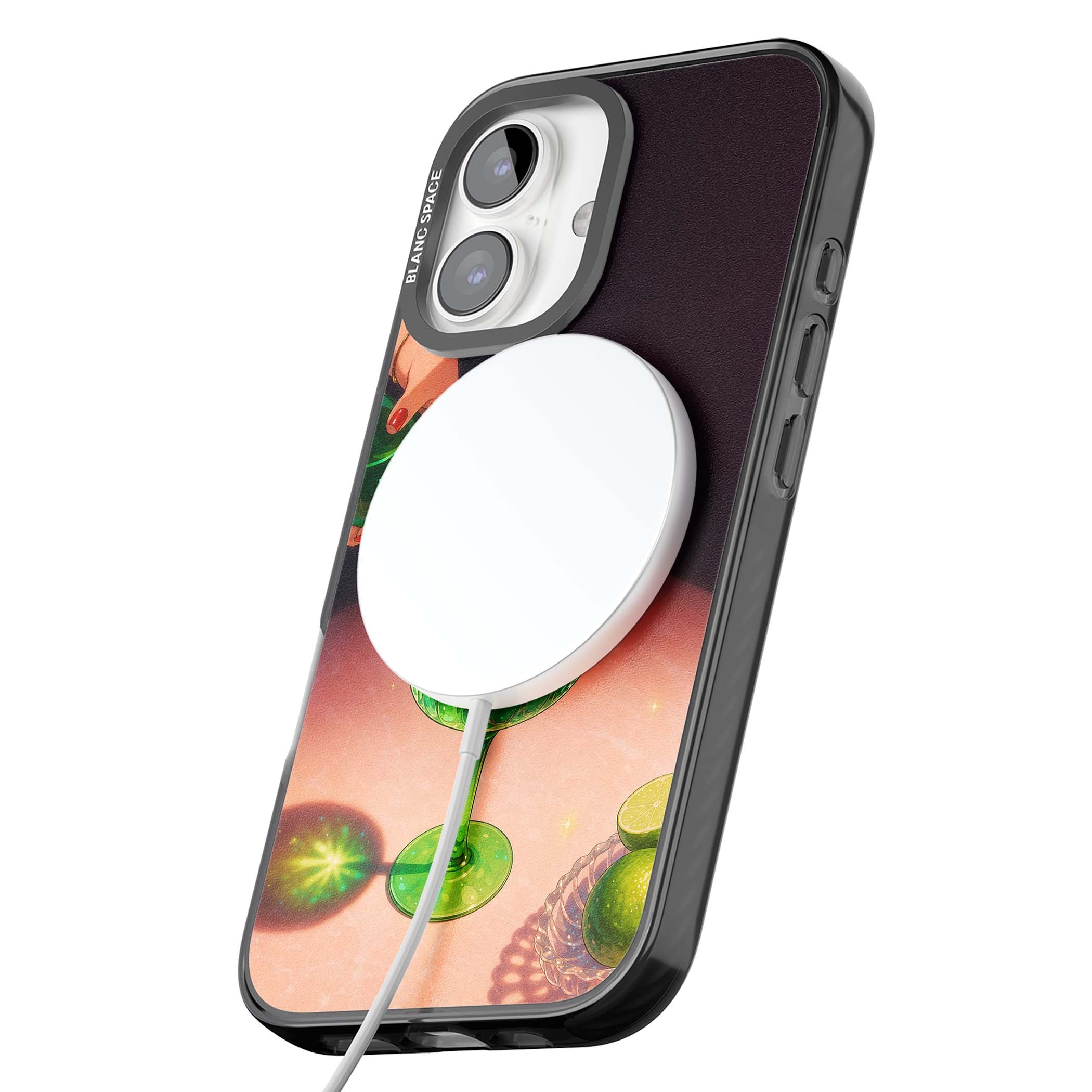 Absinthe Hour cocktail iPhone case featuring a green coupe glass, cherry garnish and vintage bottle pour illustration | Black Impact Magsafe case for iPhone 16, iPhone 16 Plus