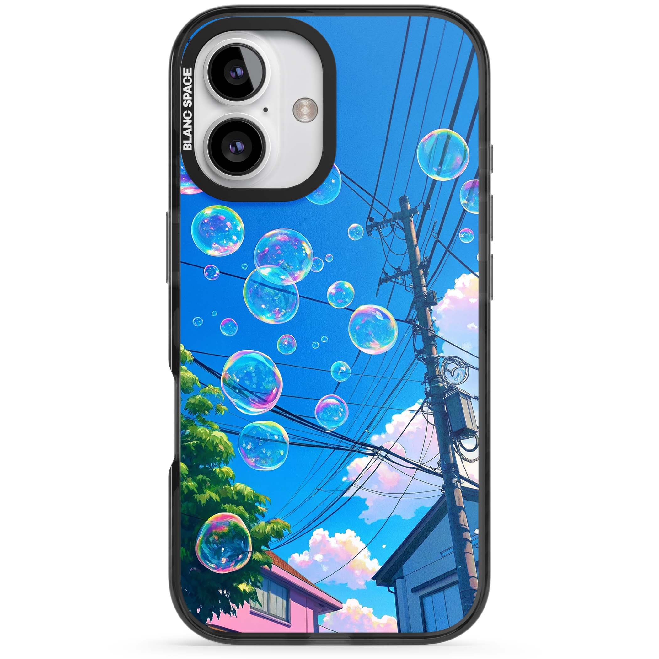 Suburban Bubbles anime iPhone case featuring iridescent soap bubbles, blue sky and Japanese telephone wires | Black Impact Magsafe case for iPhone 16, iPhone 16 Plus