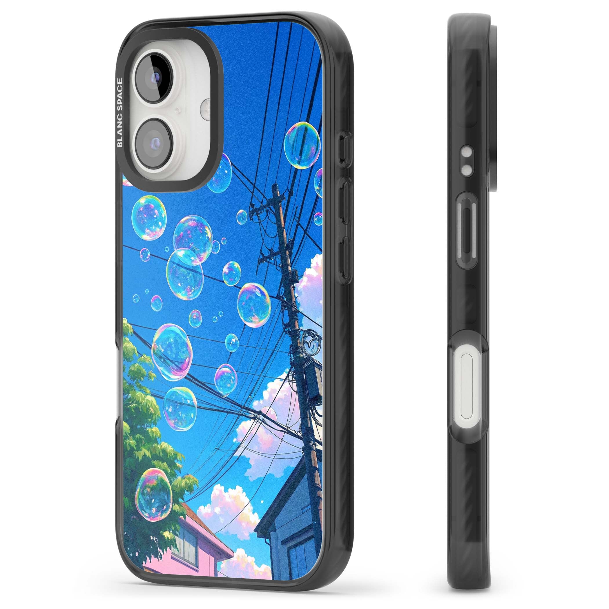 Suburban Bubbles anime iPhone case featuring iridescent soap bubbles, blue sky and Japanese telephone wires | Black Impact Magsafe case for iPhone 16, iPhone 16 Plus