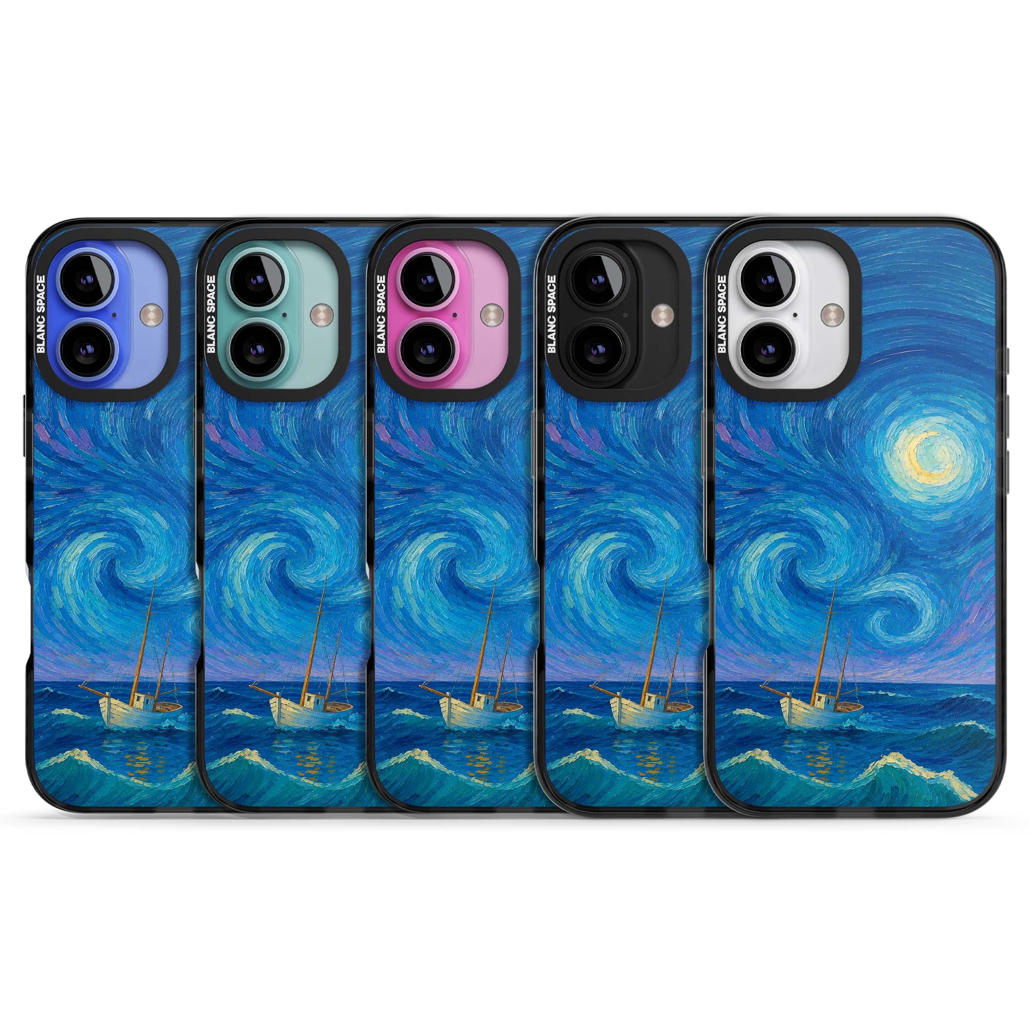 Moonlit Tide Van Gogh art iPhone case featuring swirling starry night sky, glowing moon and lone sailing boat at sea | Black Impact Magsafe case for iPhone 16, iPhone 16 Plus