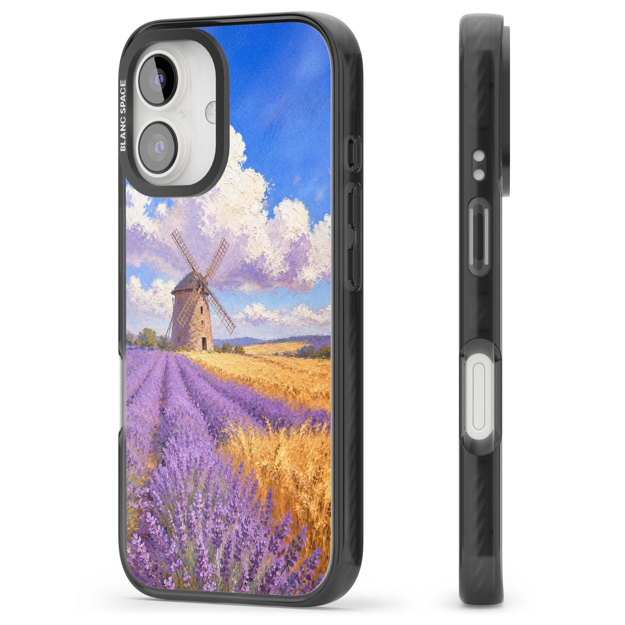 Lavender Mill cottagecore iPhone case featuring a French windmill, lavender field and golden wheat oil painting | Black Impact Magsafe case for iPhone 16, iPhone 16 Plus