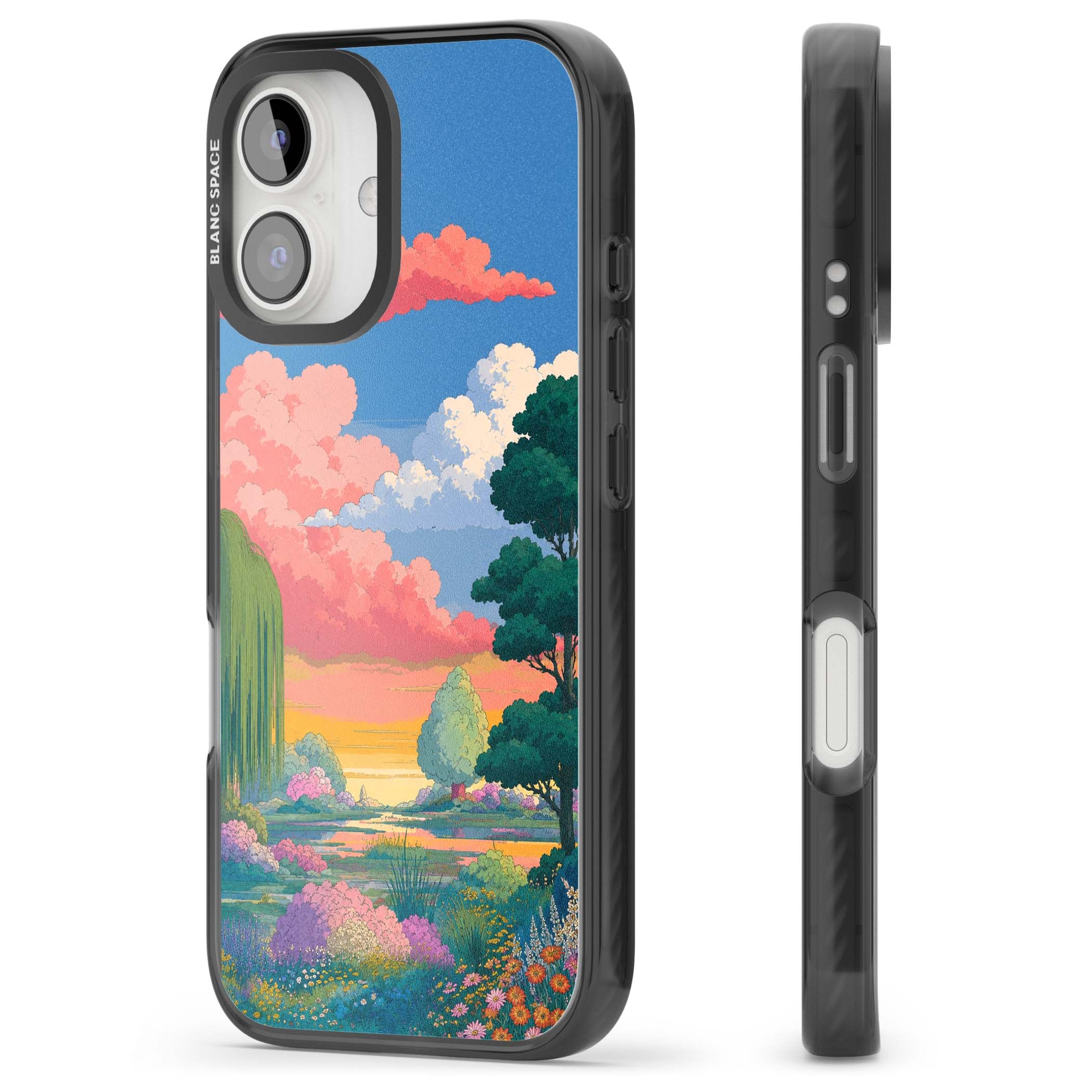 Dream Valley anime landscape iPhone case featuring pink sunset clouds, willow trees and wildflowers | Black Impact Magsafe case for iPhone 16, iPhone 16 Plus