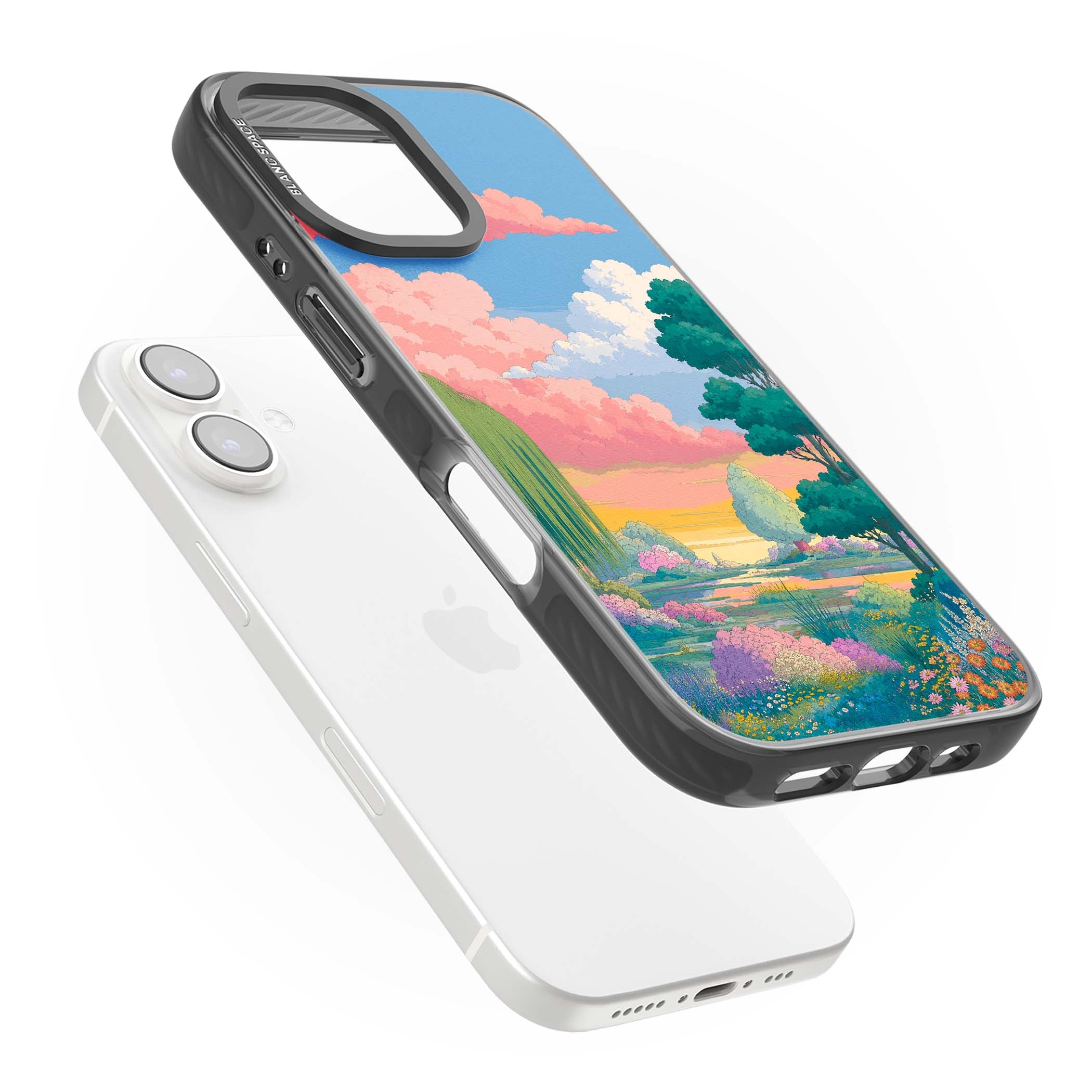 Dream Valley anime landscape iPhone case featuring pink sunset clouds, willow trees and wildflowers | Black Impact Magsafe case for iPhone 16, iPhone 16 Plus