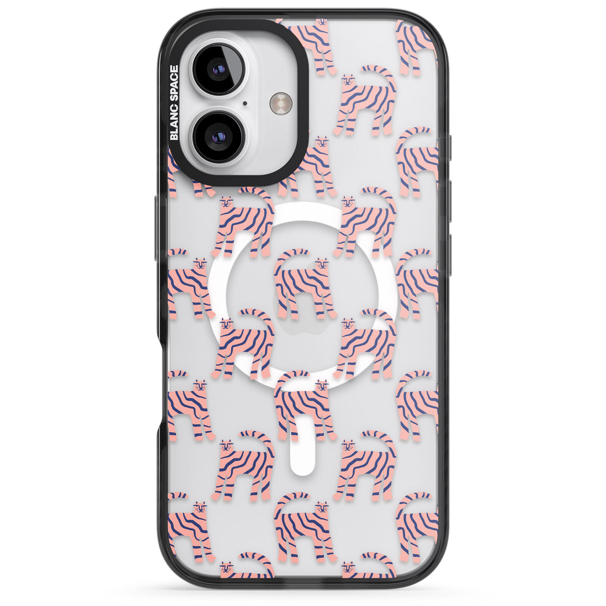 iPhone 16 Pro Max Pink and Blue Cat Pattern Black Impact Phone Case