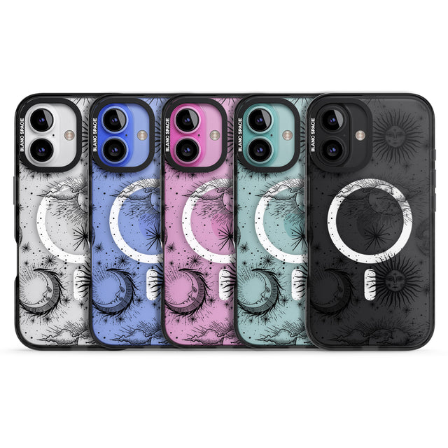 iPhone 16 Pro Max Transparent Suns, Moons & Clouds Black Impact Phone Case