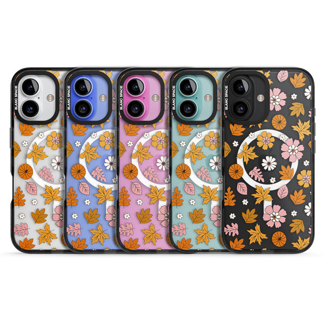 Autumn Leaves and Flowers Black Impact Magsafe Phone Case for iPhone 16, iPhone 16 Plus