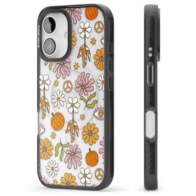 Retro Boho Fall Floral Black Impact Magsafe Phone Case for iPhone 16, iPhone 16 Plus