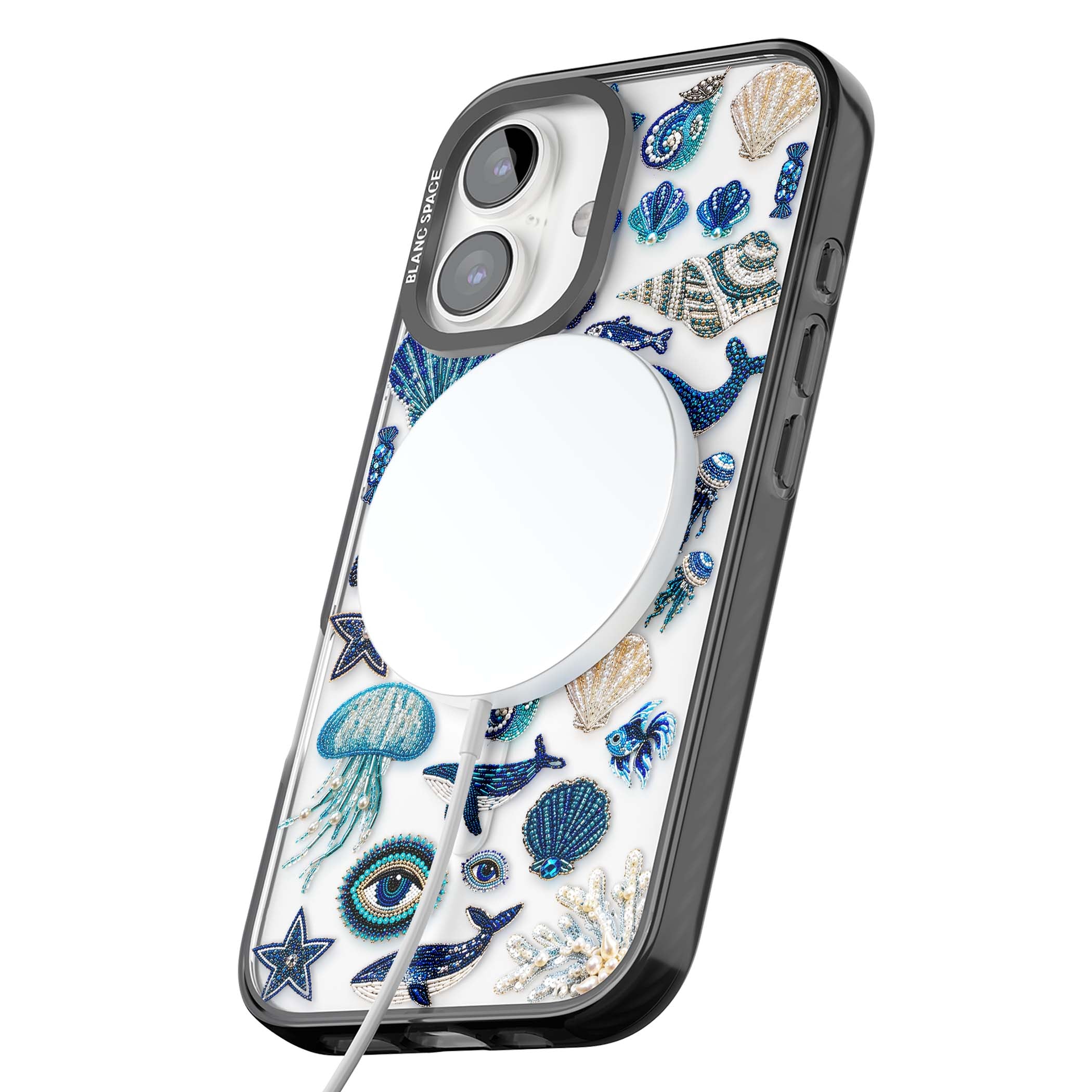 Beaded Coastal coastal iPhone case featuring embroidered seashells, jellyfish and a blue whale on clear | Black Impact Magsafe case for iPhone 16, iPhone 16 Plus