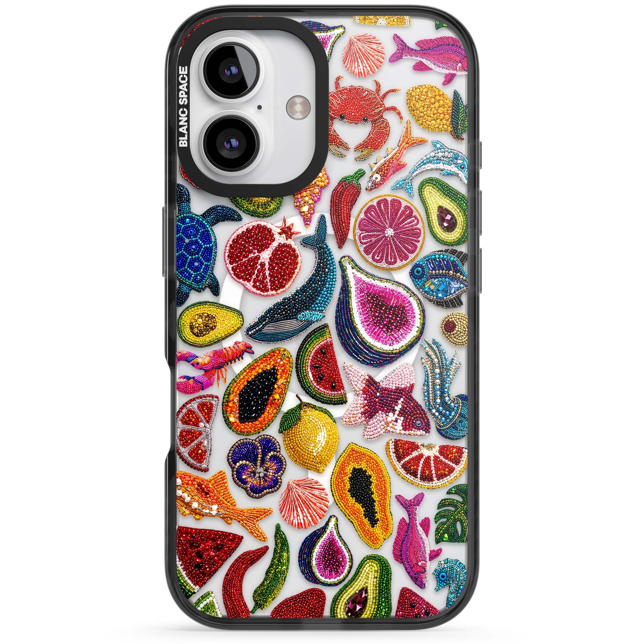 Beaded Tropic tropical iPhone case featuring beaded fruit, fish, crabs and seashells in vibrant colour | Black Impact Magsafe case for iPhone 16, iPhone 16 Plus
