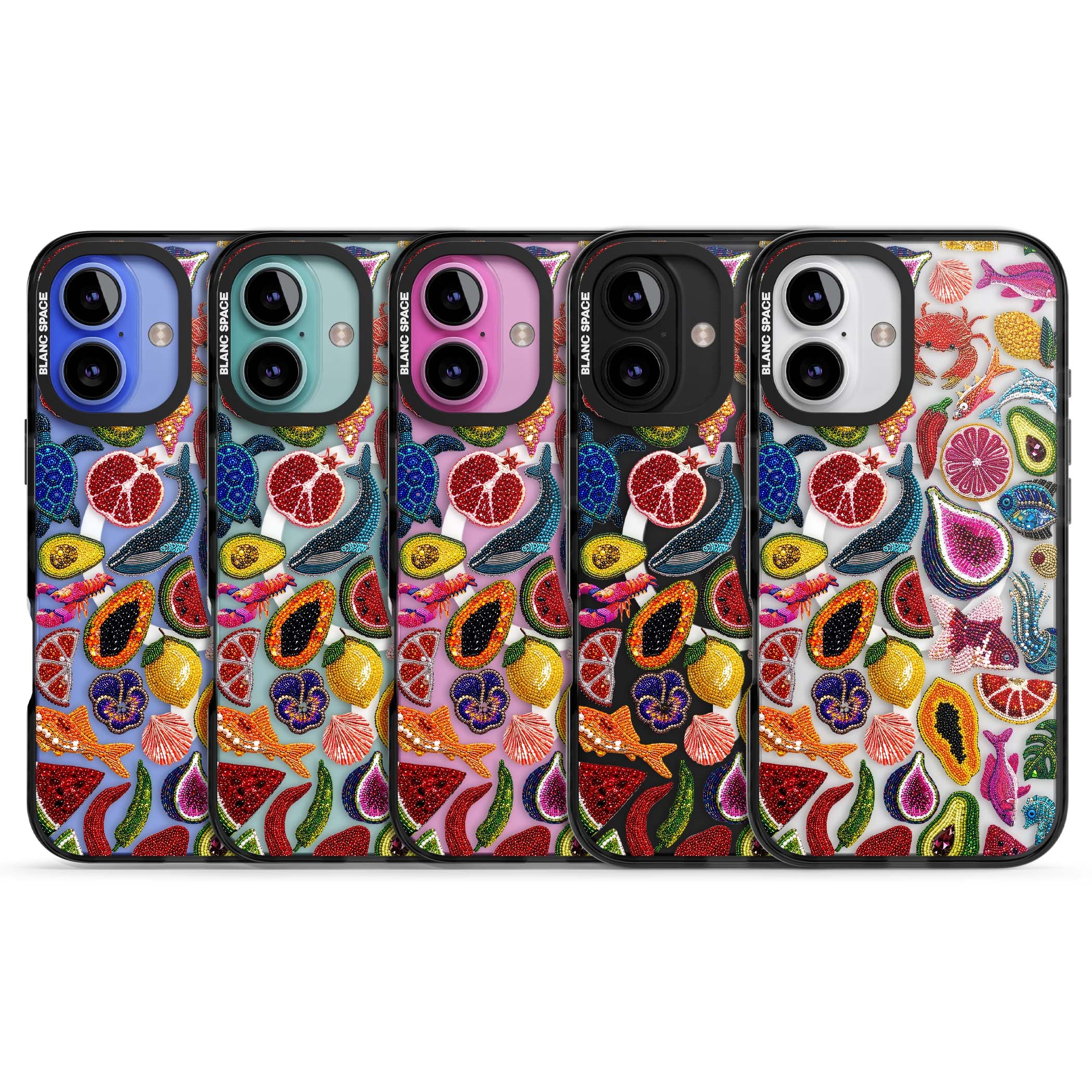 Beaded Tropic tropical iPhone case featuring beaded fruit, fish, crabs and seashells in vibrant colour | Black Impact Magsafe case for iPhone 16, iPhone 16 Plus