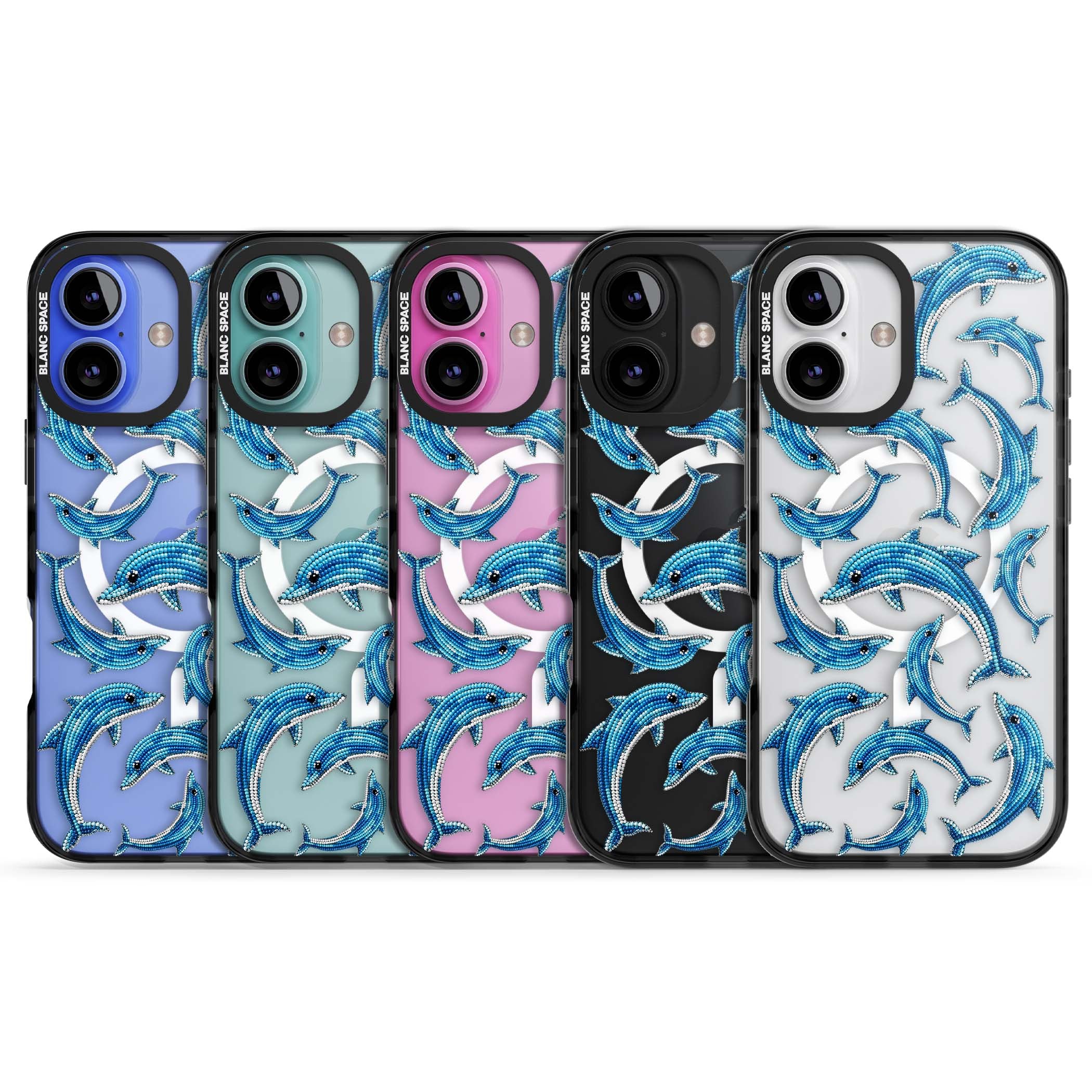 Beaded Dolphins coastal iPhone case featuring beaded dolphins in blue and white swimming across a clear background | Black Impact Magsafe case for iPhone 16, iPhone 16 Plus