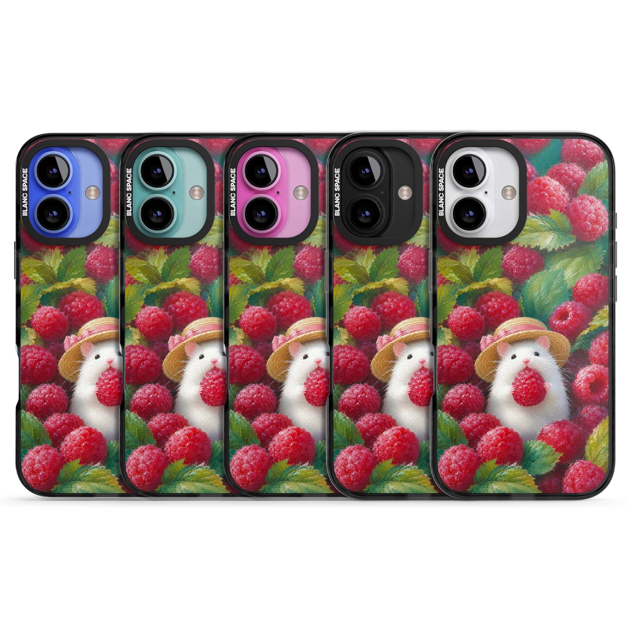 Berry Forager cottagecore iPhone case featuring a white hamster in a straw hat holding a raspberry surrounded by ripe ber | Black Impact Magsafe case for iPhone 16, iPhone 16 Plus