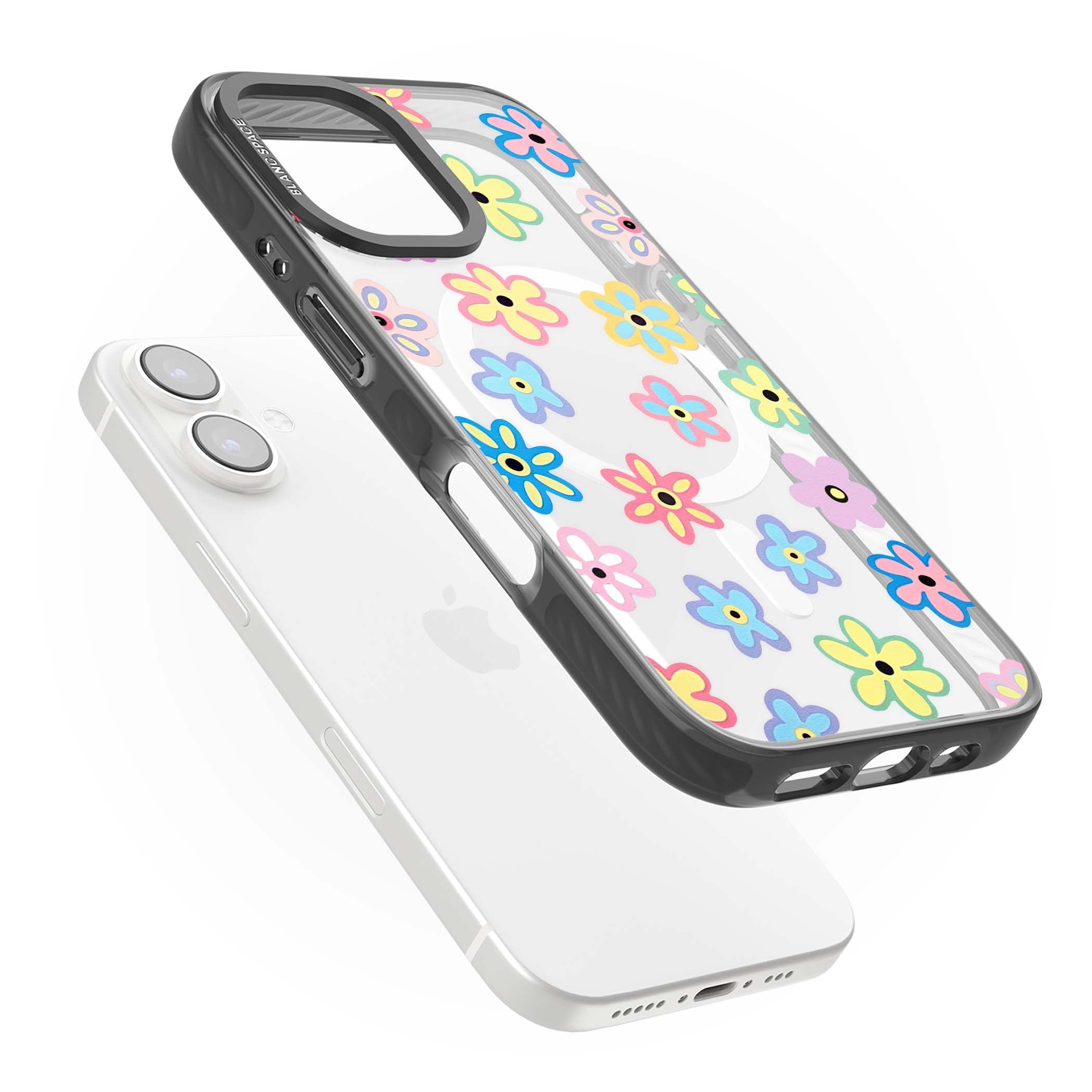 Bloom Pop cottagecore iPhone case featuring multicolor pastel flowers with black centers on clear background | Black Impact Magsafe case for iPhone 16, iPhone 16 Plus