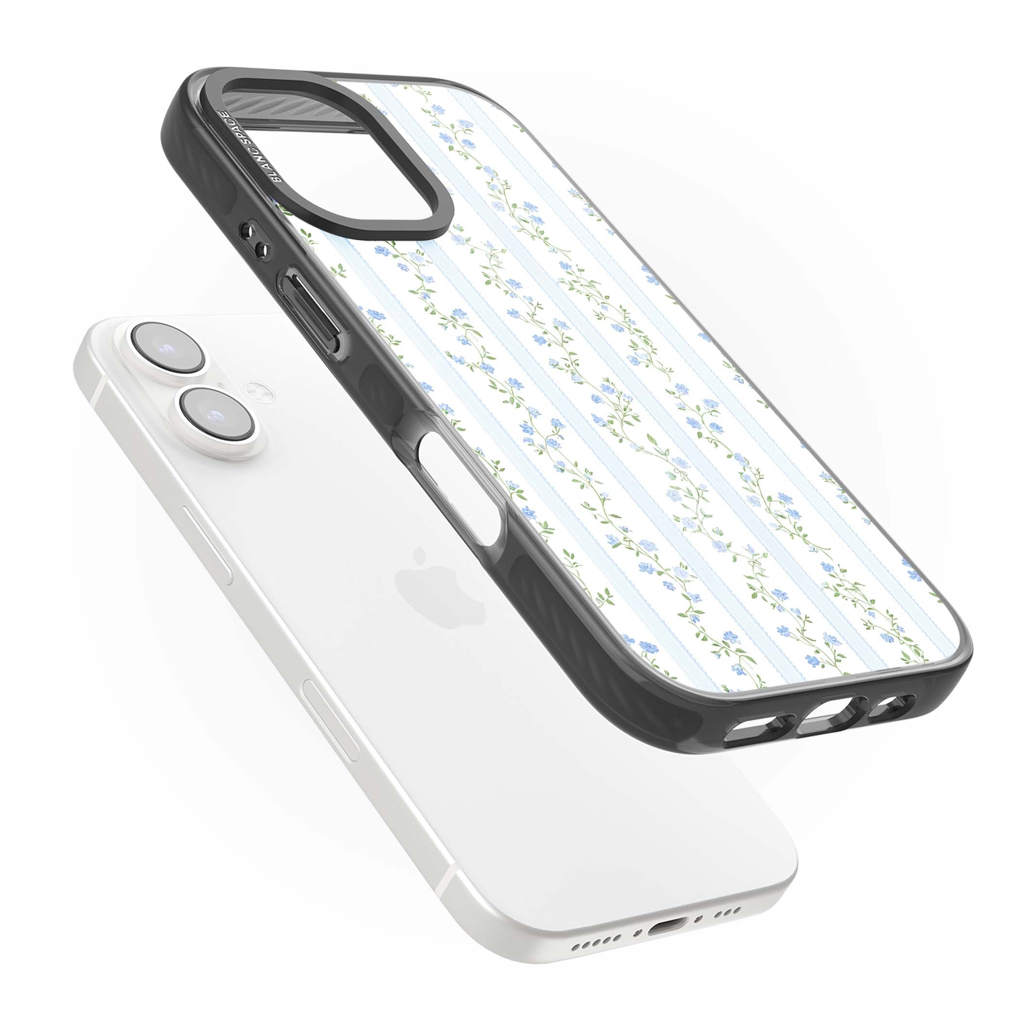 Bluebell Vine cottagecore iPhone case featuring climbing blue roses, trailing green vines, and pale ticking stripes | Black Impact Magsafe case for iPhone 16, iPhone 16 Plus