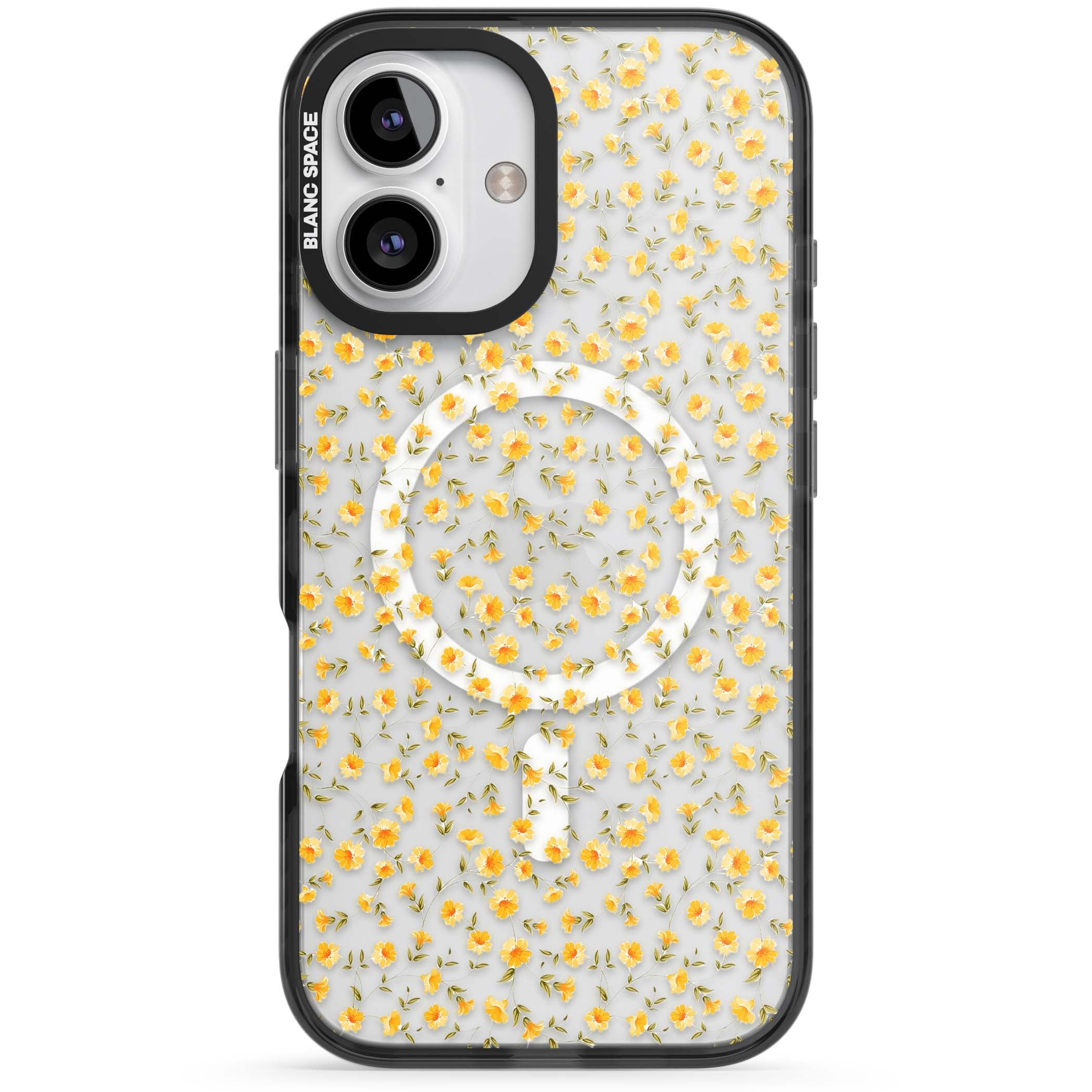Buttercup wildflower iPhone case featuring tiny yellow flowers and trailing green vines on clear | Black Impact Magsafe case for iPhone 16, iPhone 16 Plus