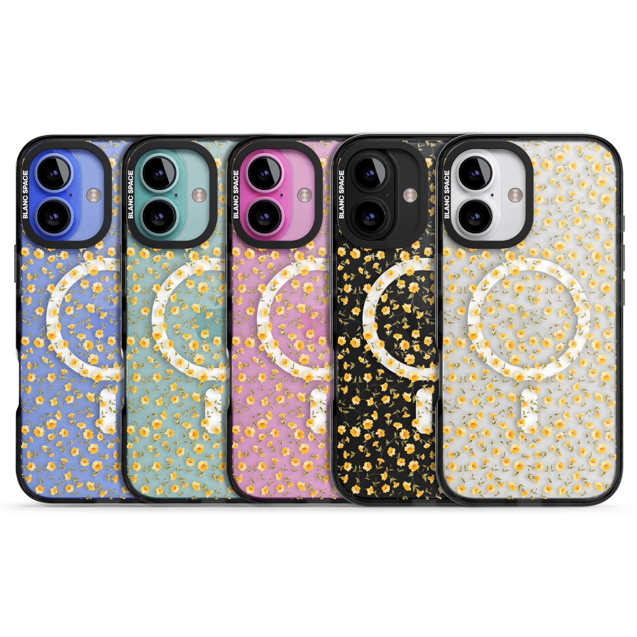 Buttercup wildflower iPhone case featuring tiny yellow flowers and trailing green vines on clear | Black Impact Magsafe case for iPhone 16, iPhone 16 Plus