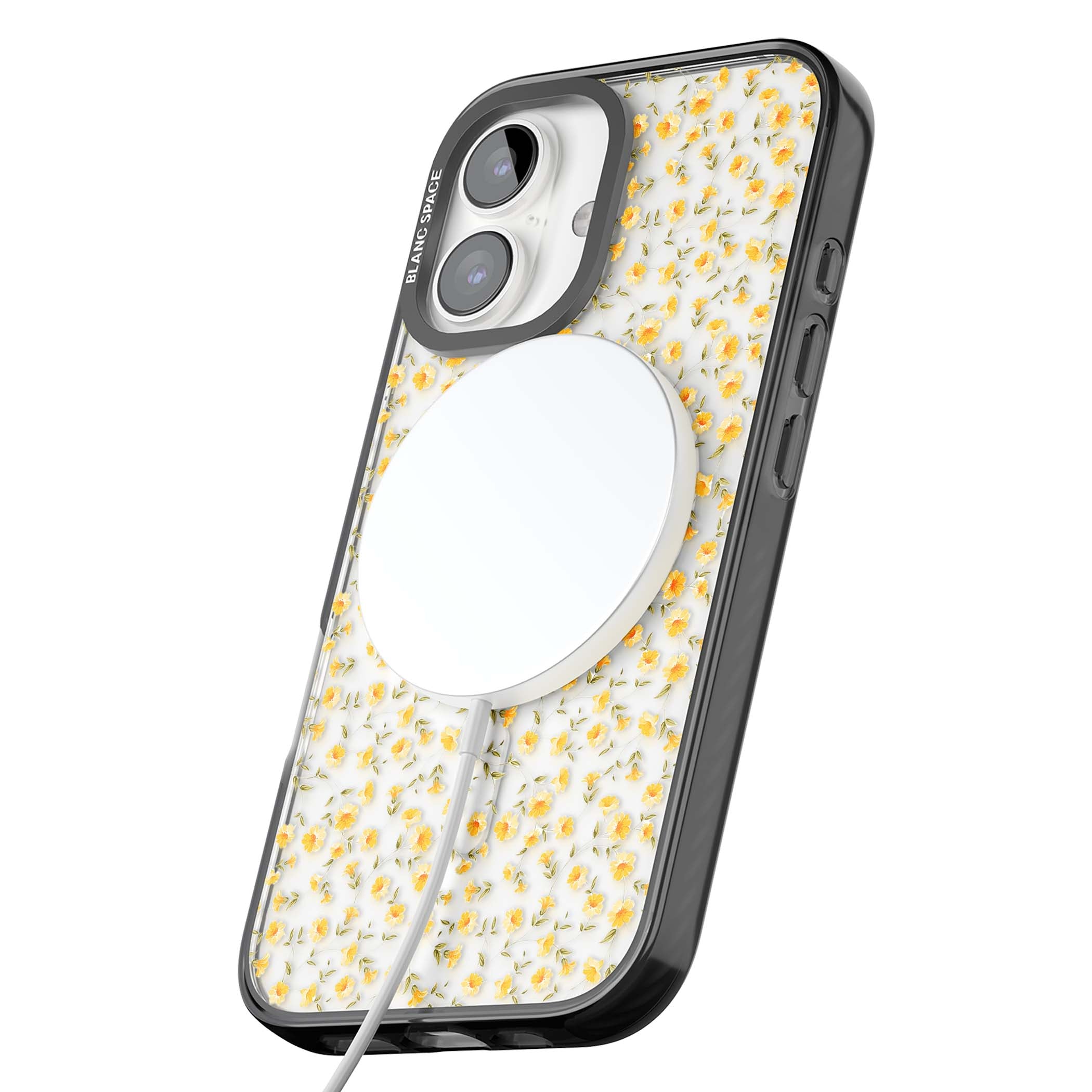 Buttercup wildflower iPhone case featuring tiny yellow flowers and trailing green vines on clear | Black Impact Magsafe case for iPhone 16, iPhone 16 Plus