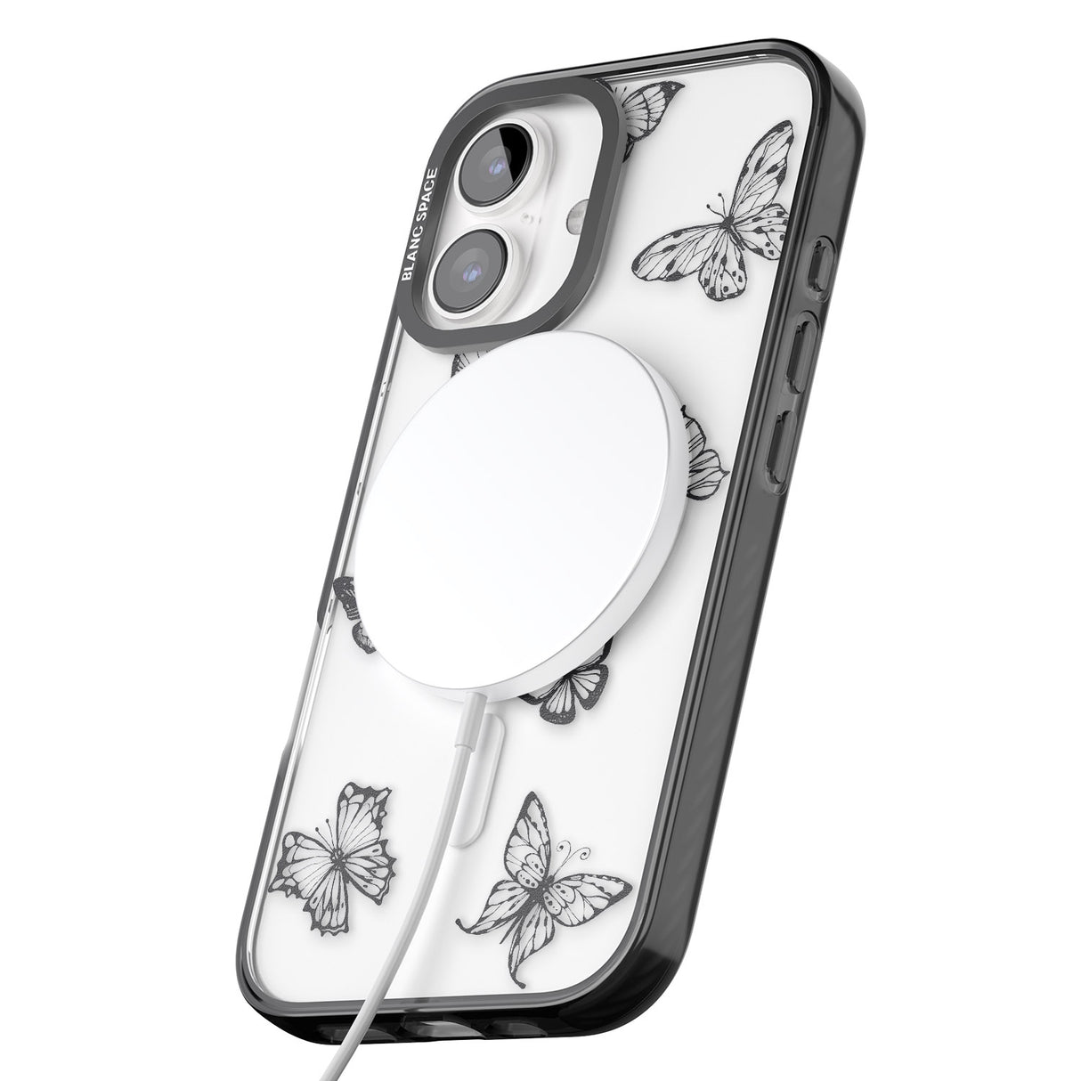 iPhone 16 Pro Max Grey Butterfly Line Pattern Black Impact Phone Case