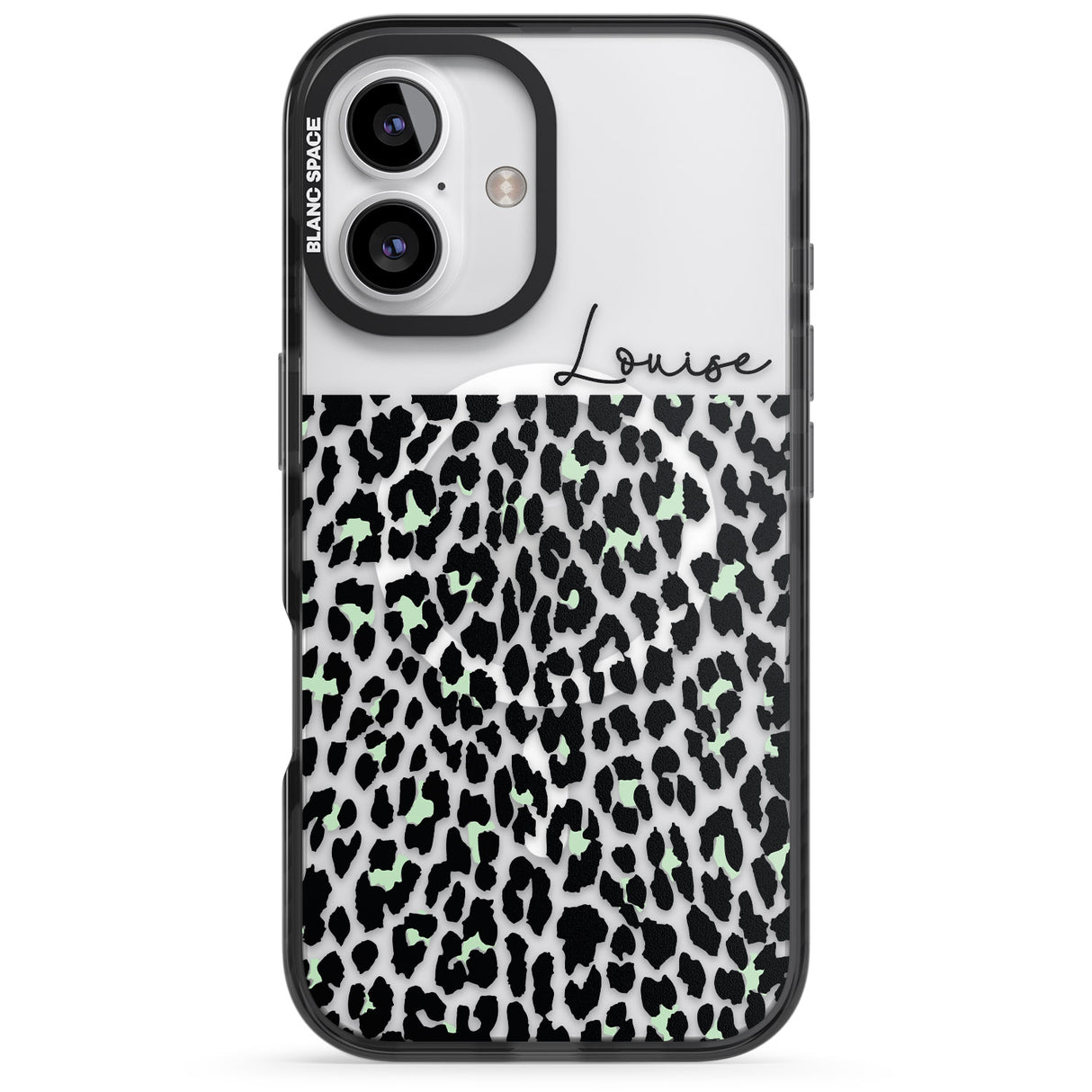 iPhone 16 Pro Max Personalised Seafoam Green & Cursive Leopard Spots Black Impact Phone Case