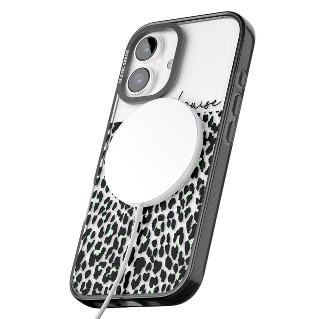 iPhone 16 Pro Max Personalised Seafoam Green & Cursive Leopard Spots Black Impact Phone Case