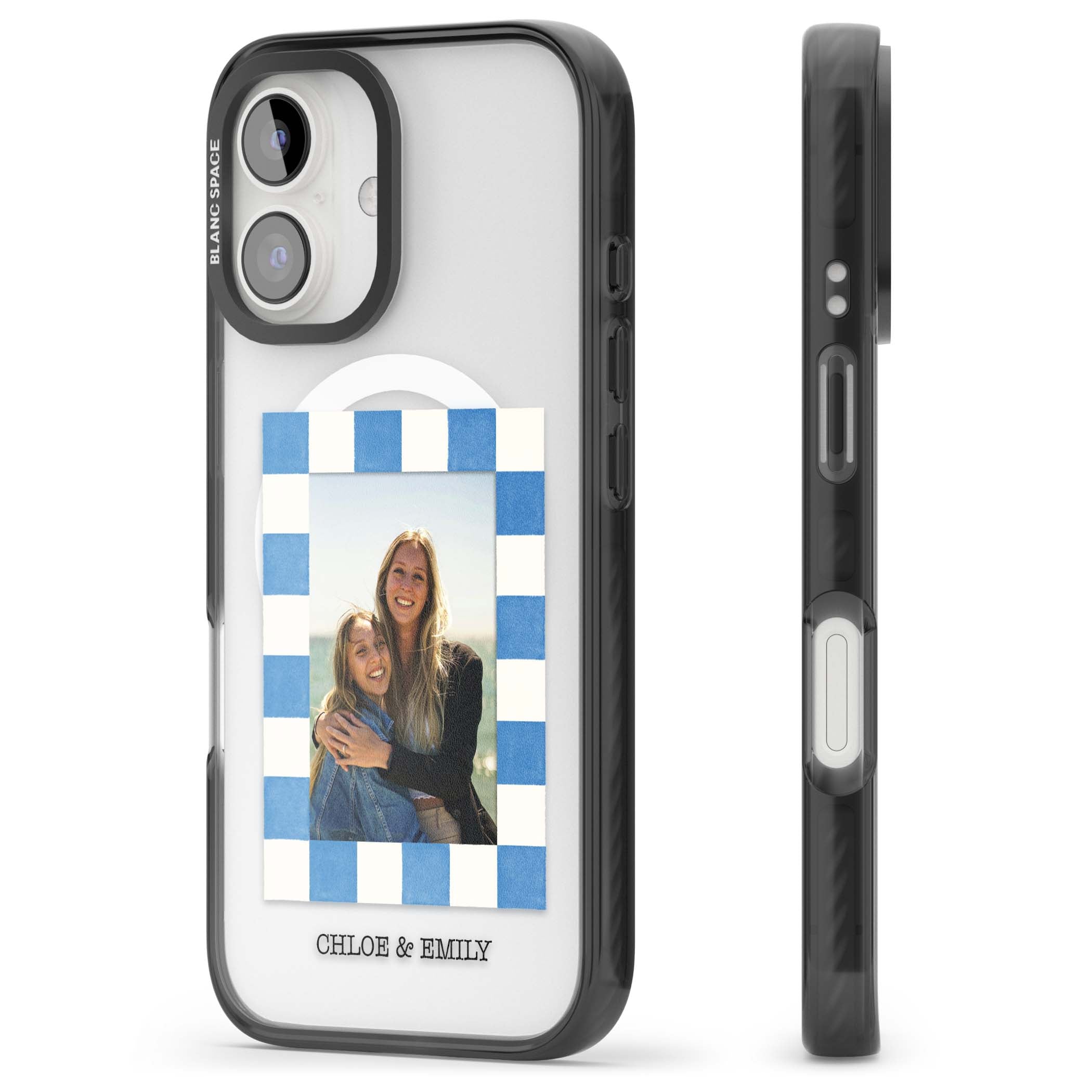 Blue Check Photo personalised photo iPhone case with blue checkered frame and custom couple names | Black Impact Magsafe case for iPhone 16, iPhone 16 Plus