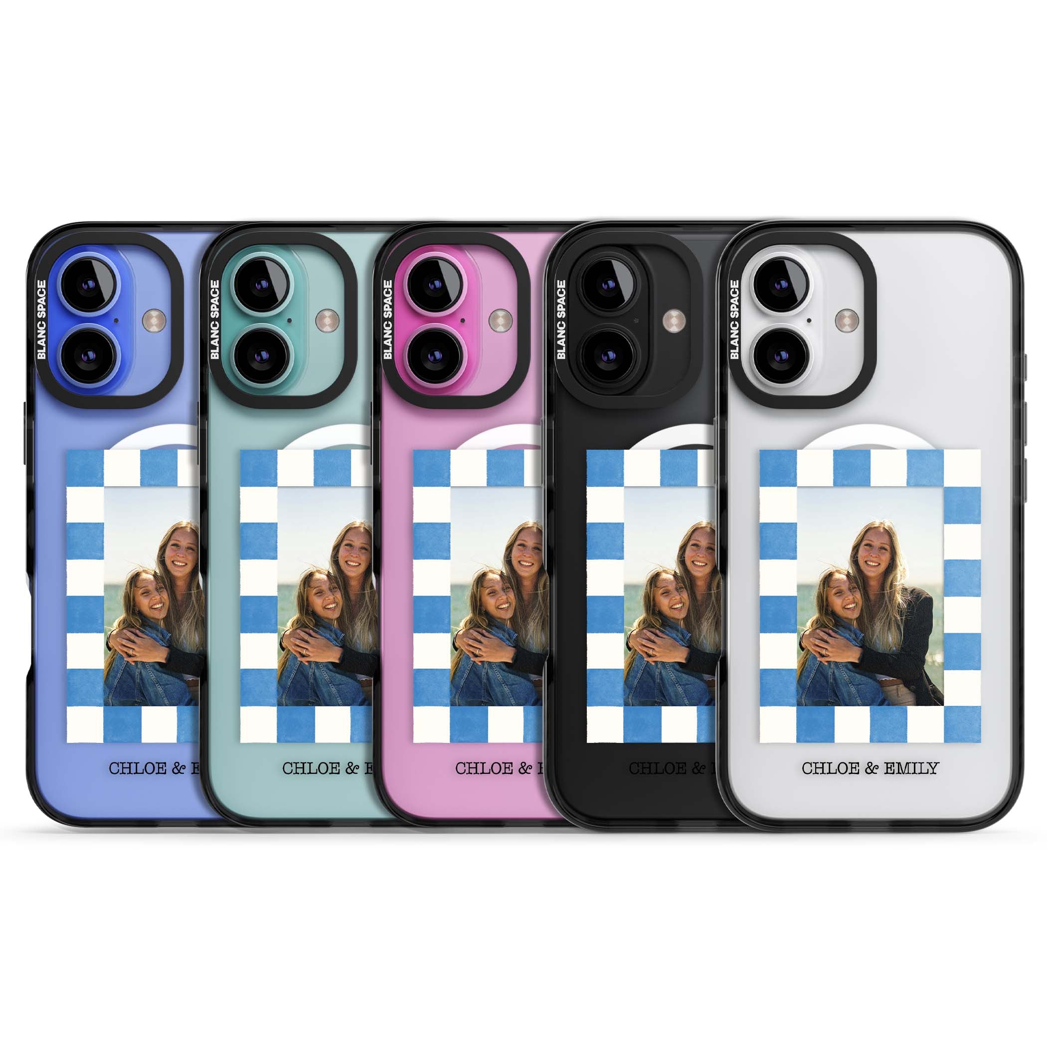 Blue Check Photo personalised photo iPhone case with blue checkered frame and custom couple names | Black Impact Magsafe case for iPhone 16, iPhone 16 Plus