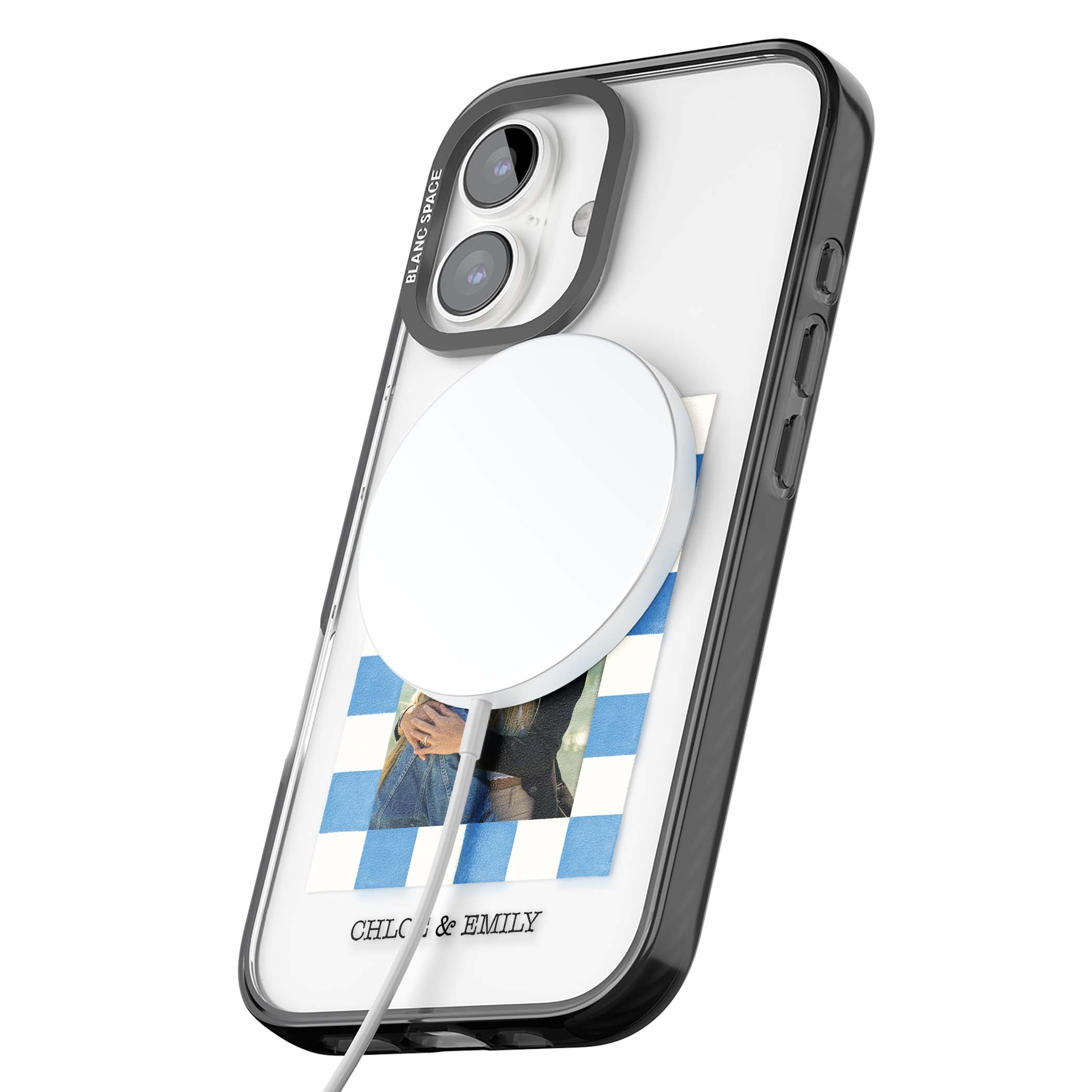 Blue Check Photo personalised photo iPhone case with blue checkered frame and custom couple names | Black Impact Magsafe case for iPhone 16, iPhone 16 Plus