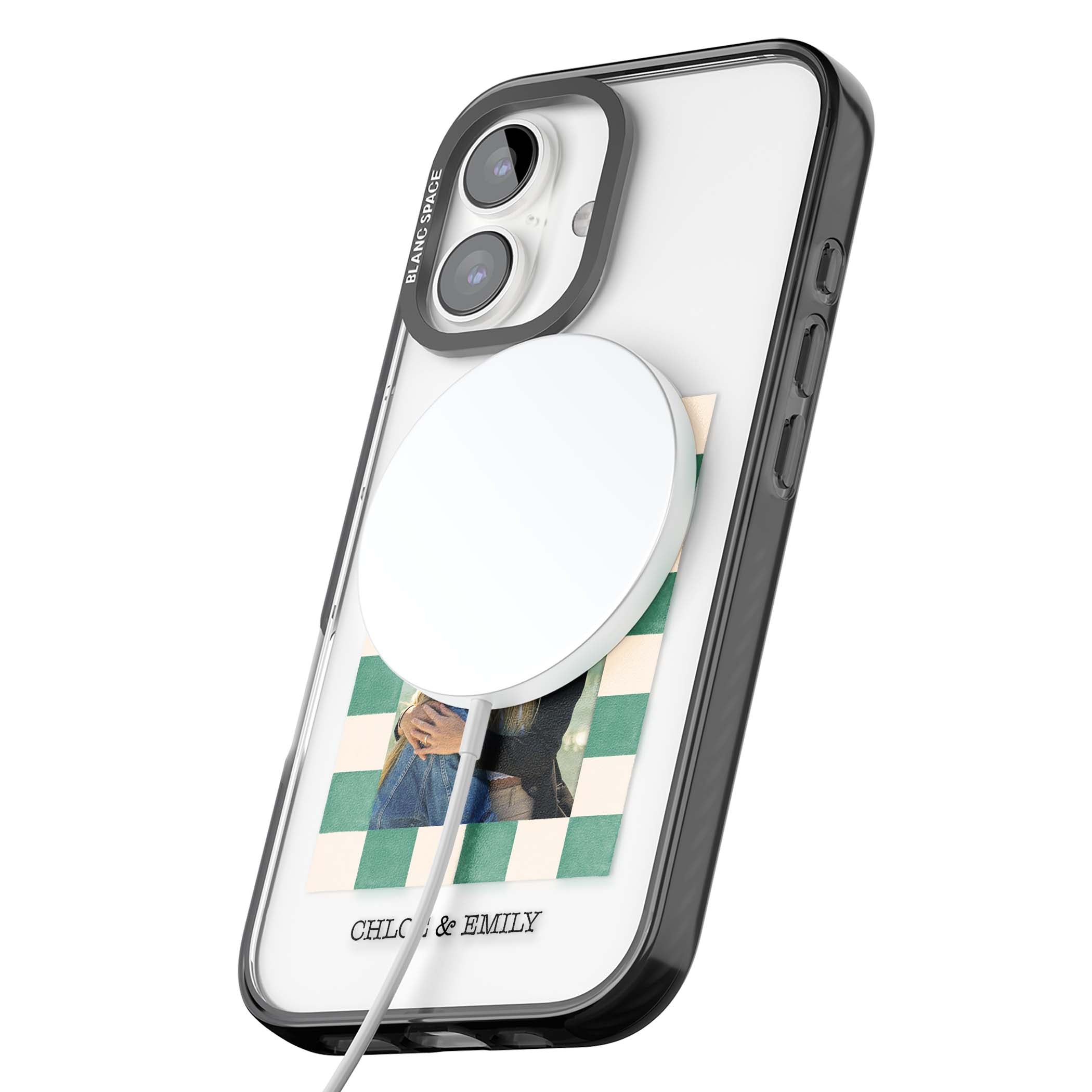 Seafoam Check Photo personalised iPhone case featuring a custom polaroid photo, green and cream checkered frame, and custom n | Black Impact Magsafe case for iPhone 16, iPhone 16 Plus