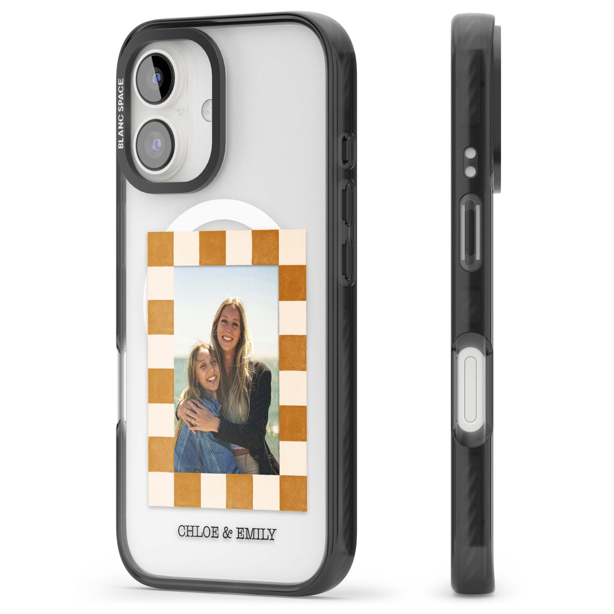 Citrus Check Photo personalised iPhone case with custom photo, orange checkered frame and names underneath | Black Impact Magsafe case for iPhone 16, iPhone 16 Plus