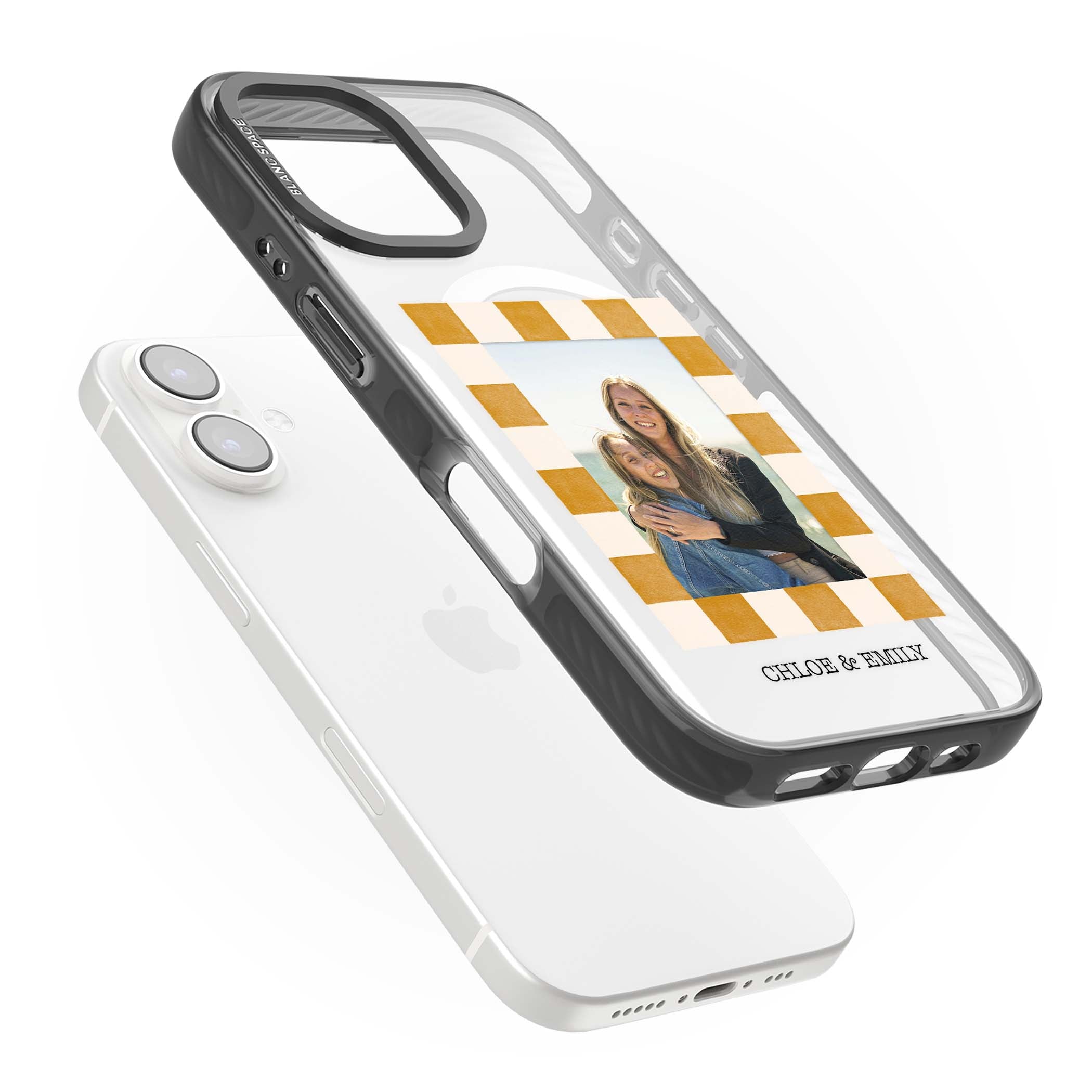 Citrus Check Photo personalised iPhone case with custom photo, orange checkered frame and names underneath | Black Impact Magsafe case for iPhone 16, iPhone 16 Plus