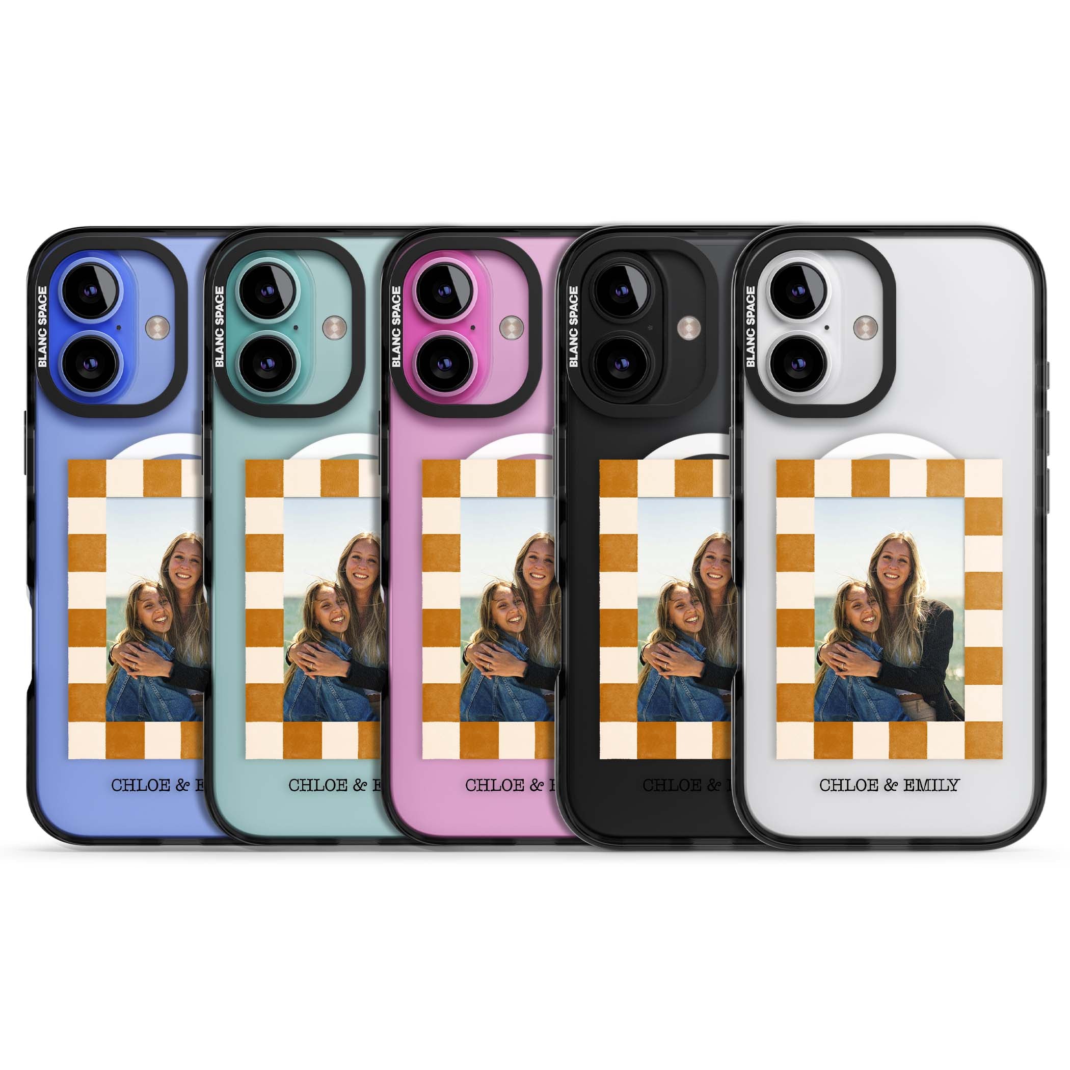 Citrus Check Photo personalised iPhone case with custom photo, orange checkered frame and names underneath | Black Impact Magsafe case for iPhone 16, iPhone 16 Plus