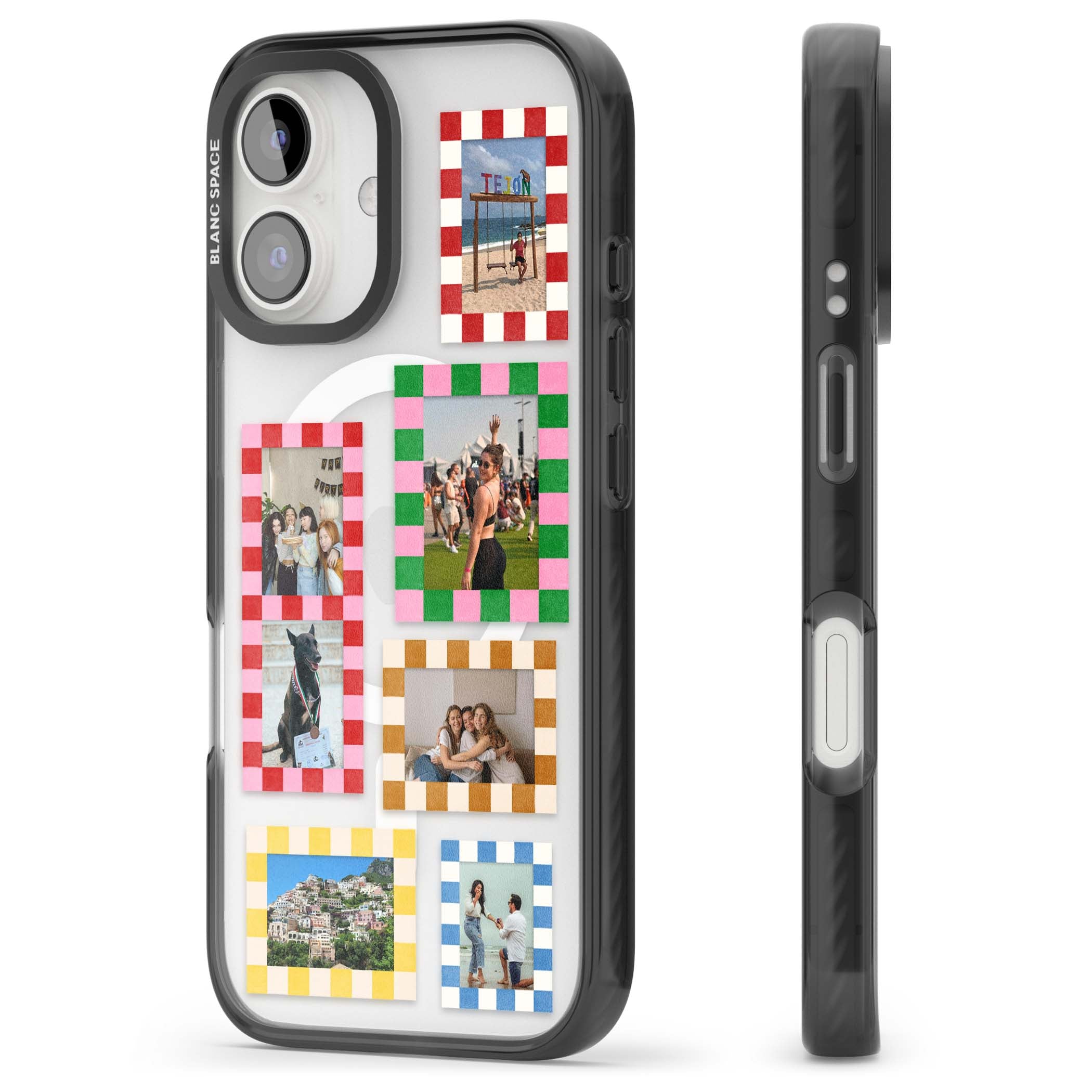 Italian Check Frames custom photo collage iPhone case featuring six checkered photo frames in red, green, pink and  | Black Impact Magsafe case for iPhone 16, iPhone 16 Plus
