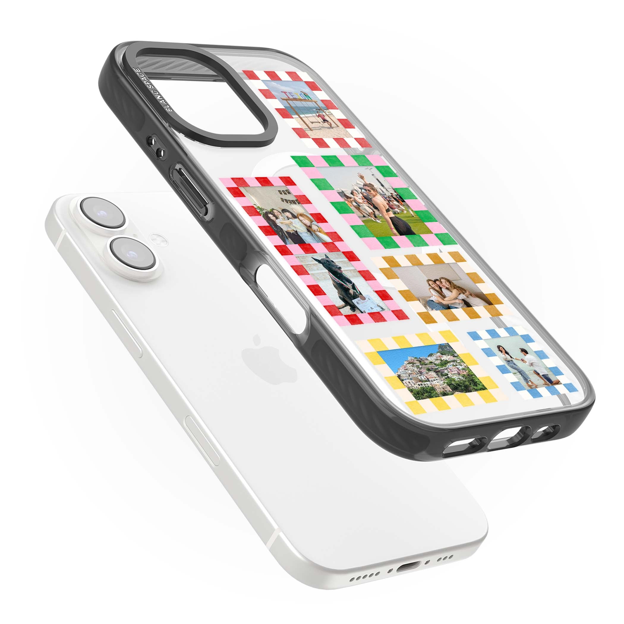 Italian Check Frames custom photo collage iPhone case featuring six checkered photo frames in red, green, pink and  | Black Impact Magsafe case for iPhone 16, iPhone 16 Plus