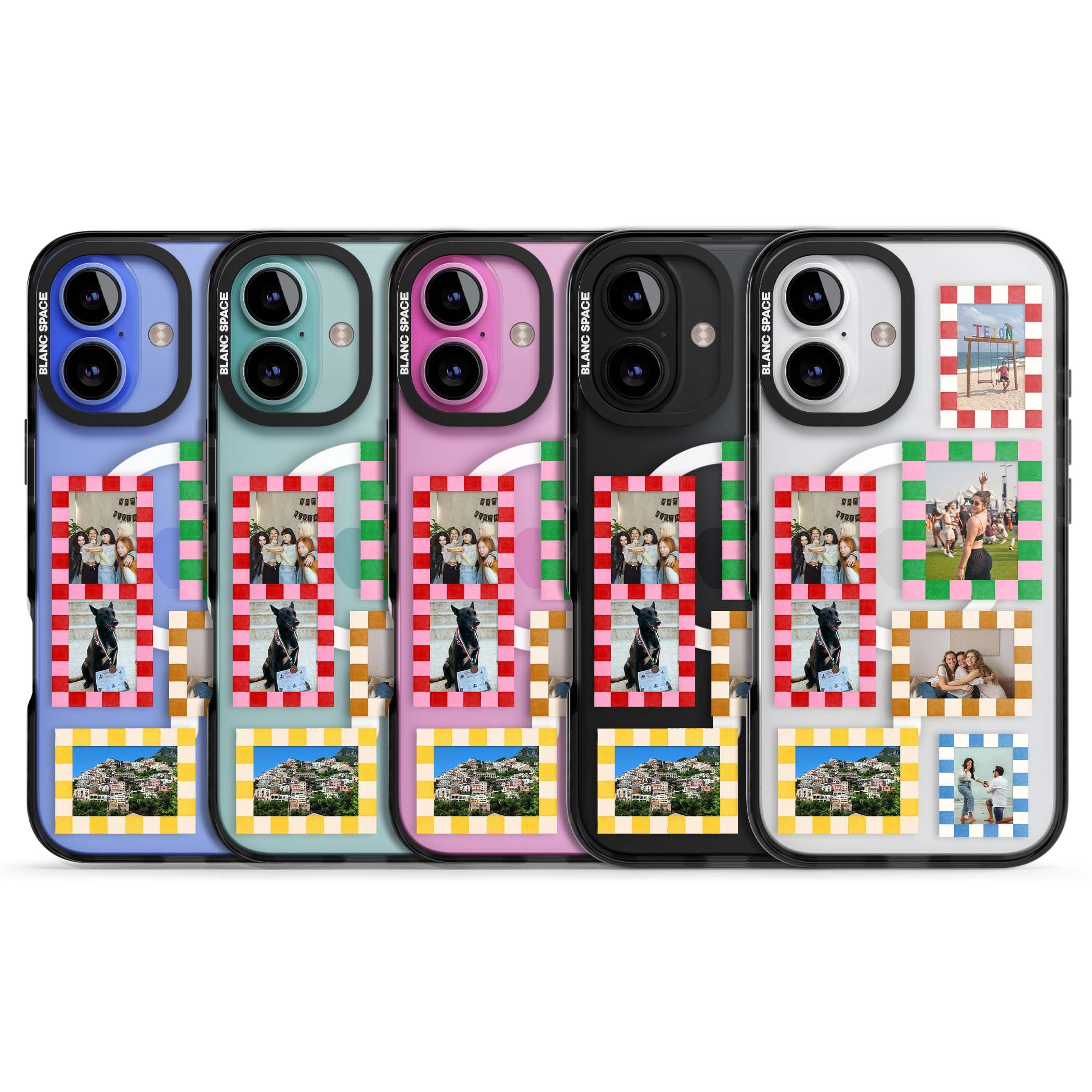 Italian Check Frames custom photo collage iPhone case featuring six checkered photo frames in red, green, pink and  | Black Impact Magsafe case for iPhone 16, iPhone 16 Plus