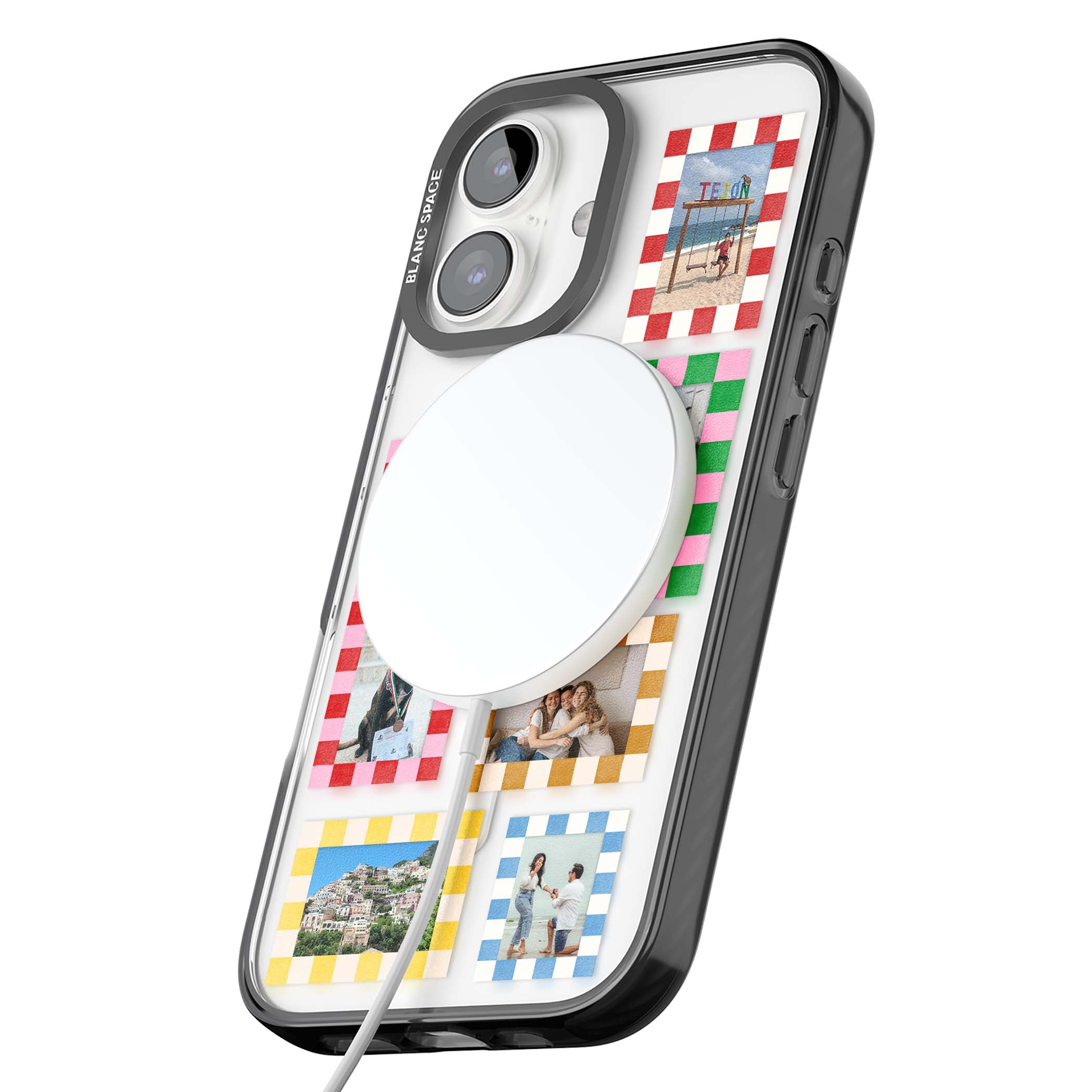 Italian Check Frames custom photo collage iPhone case featuring six checkered photo frames in red, green, pink and  | Black Impact Magsafe case for iPhone 16, iPhone 16 Plus